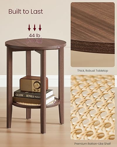 Miniatura 6 de VASAGLE Mesa auxiliar redonda, mesa de noche bohemia de 2 niveles con estante de almacenamiento de aspecto de ratán, mesita de noche para espacios