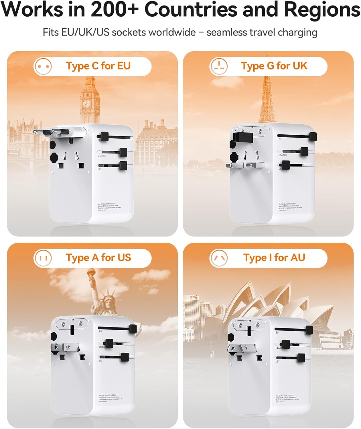 ORICO 100W Universal Power Adapter with 2 AC Outlets and 3 USB-C and 2 USB-A Ports, Built-in Retractable USB-C Cable, Type A, C, G, I Outlets, International Travel Adapter for Global Travel