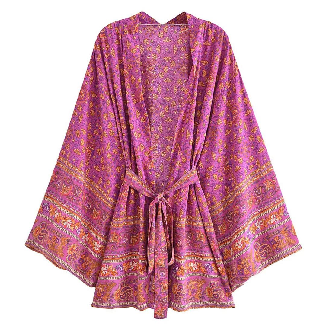 Dninmim Bata estilo kimono de algodón con estampado floral vintage para mujer, de manga larga, para verano, para la playa, estilo bohemio, Como en la imagen 2., S