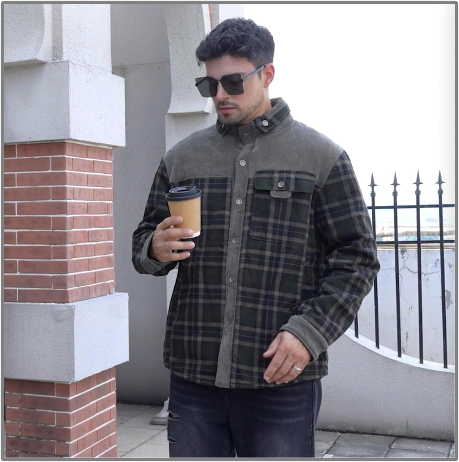 Men's Sherpa Fleece Lined Shirt Winter Outdoor Warm Flannel Jacket-Plaid Patchwork, Lapel Collar, Multi-Pocket - Image 6