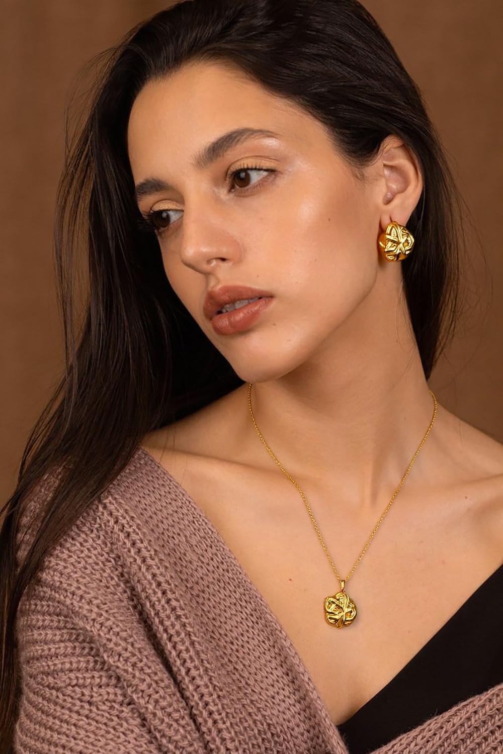 Dainty Gold pendant Necklace & Earrings Set for Women Elegant Smooth Surface Pendant Jewelry Set Minimalist Everyday Jewelry Gift - Image 5