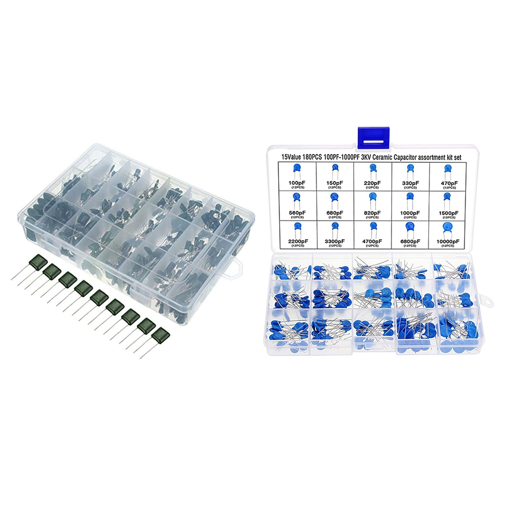 Wesafrae 660Pcs 24Values 100V 2A221-2A474 Polyester Film Capacitor Kit With 180Pcs 15Values Dip Ceramic Capacitor Assortment Kit