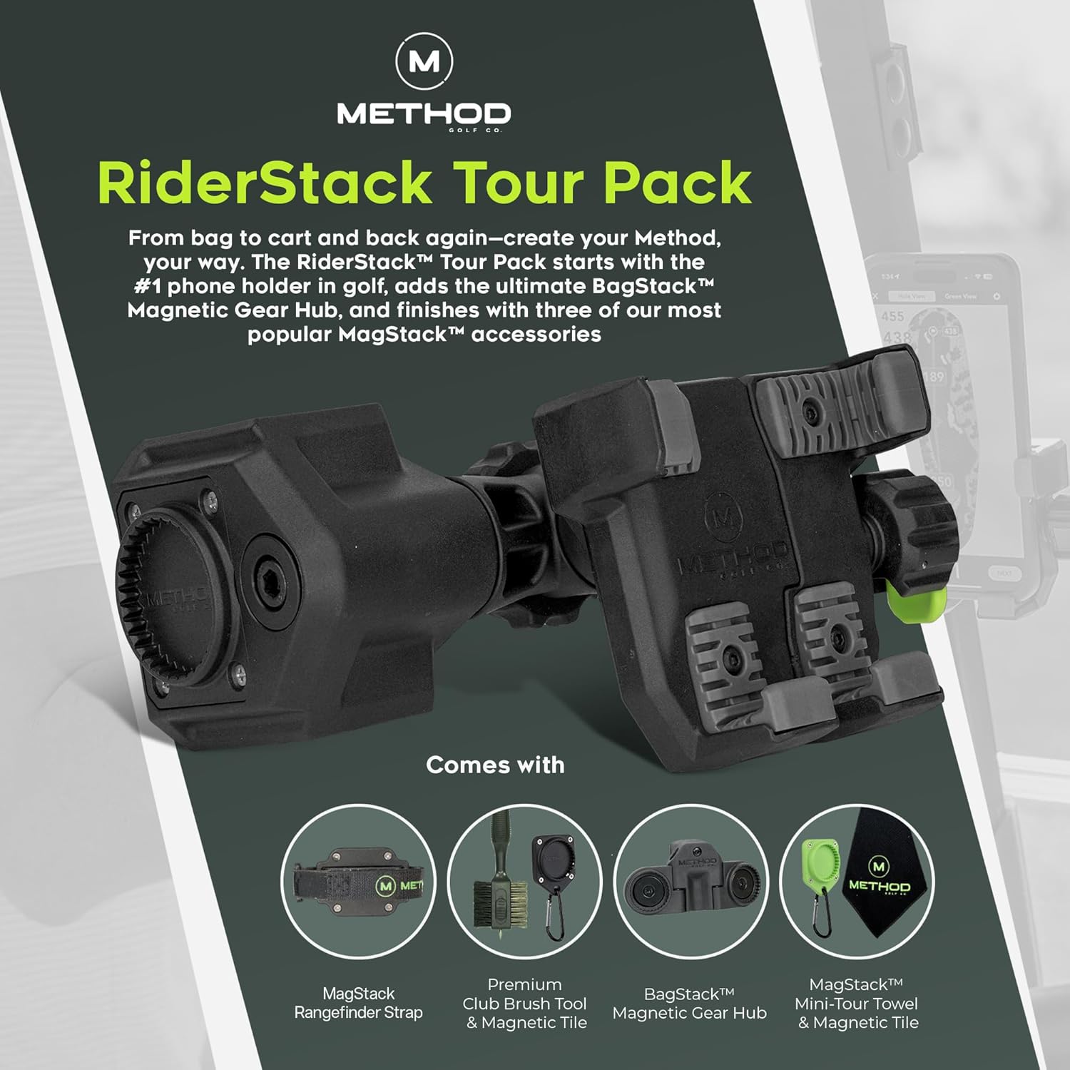 Method Golf RiderStack Tour Pack – Magnetic Golf Cart Phone Holder & Gear Hub with Magnetic Rangefinder Strap, Towel, Club Brush – Premium Accessories, Fits EZGO, Club Car & Yamaha