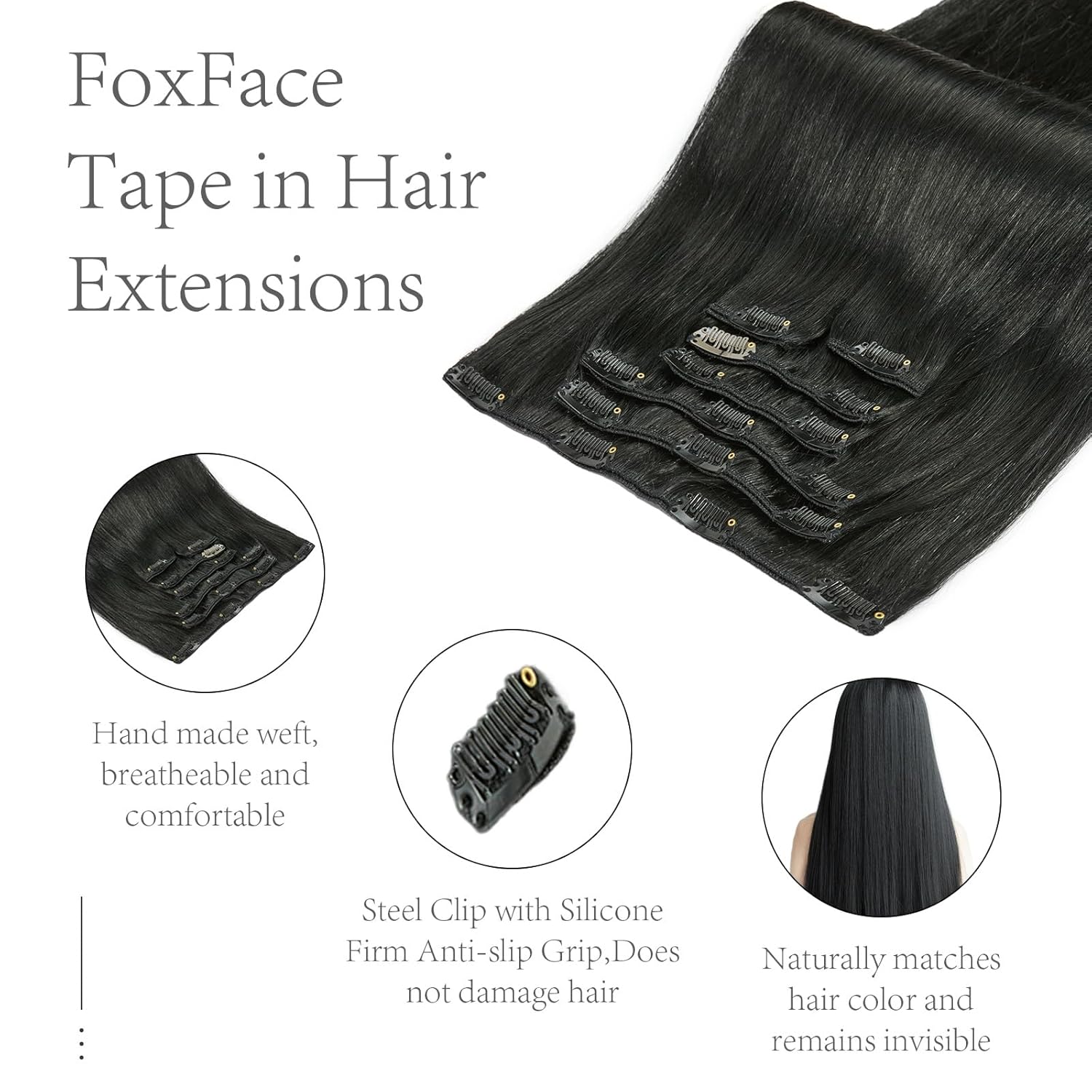FoxFace Clip in Hair Extensions Real Human Hair, Thick Extensions from Root to Tip, Natural Hair Clip Ins, Natural Black, 16 Inch 120g 7Pcs