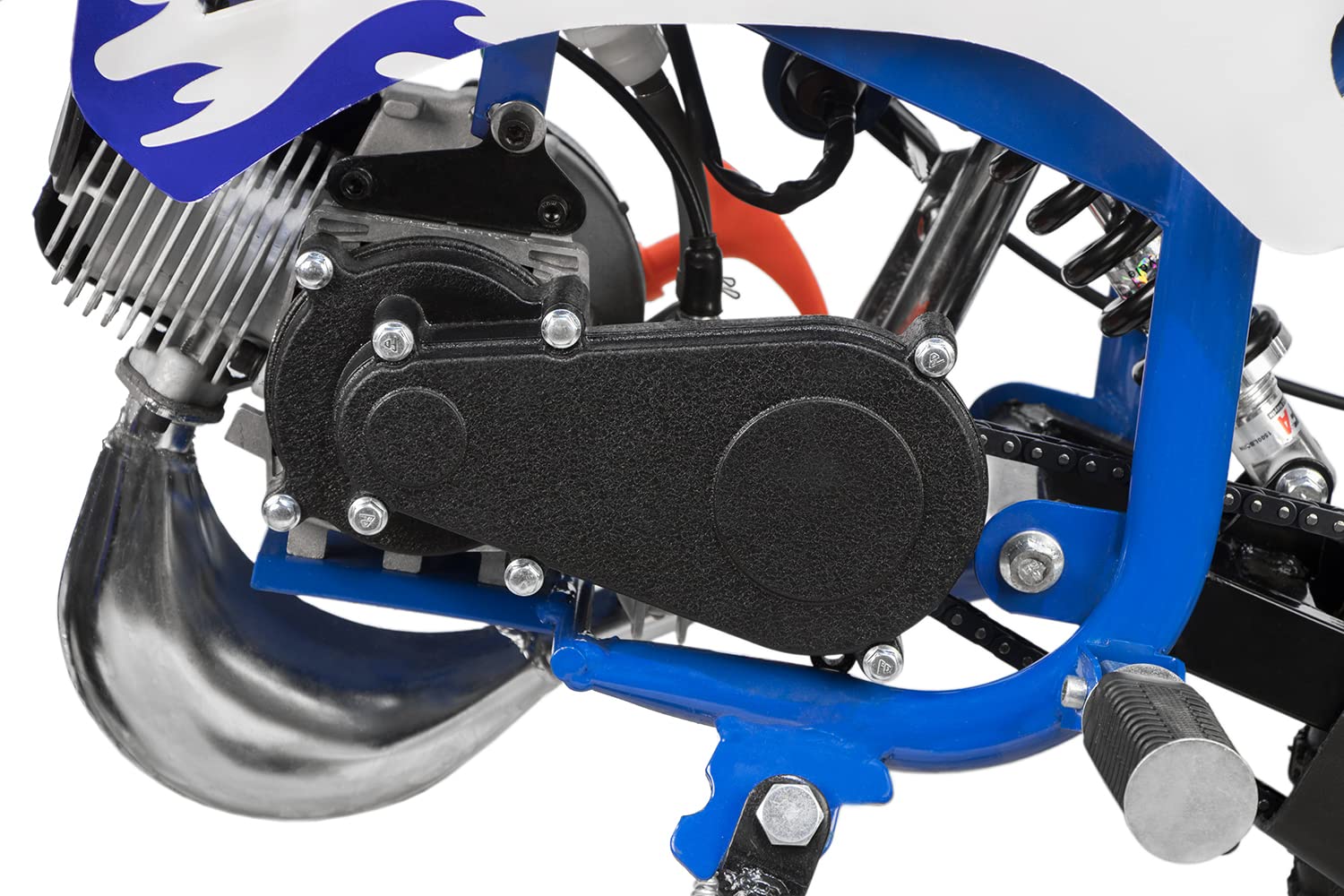 Minicross 49cc Motore a Scoppio DS 67 con Fiamme per Bambini (Bianca fiamme Blu)