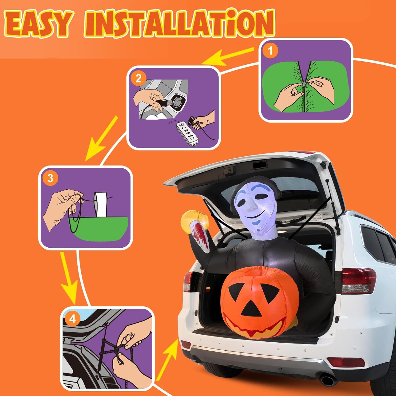 2025 Halloween Trunk or Treat Car Decorations, Pumpkin Killer-Themed Halloween Car Inflatable Decor, Built-in LED Lights & Candy Pocket for Outdoor Trunk Parties & Events