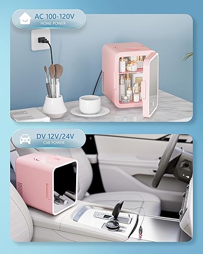 Miniatura 7 de EUHOMY Mini nevera, refrigerador pequeño de 5 litros ACDC con espejo LED regulable, enfriador portátil y calentador para el cuidado de la piel,