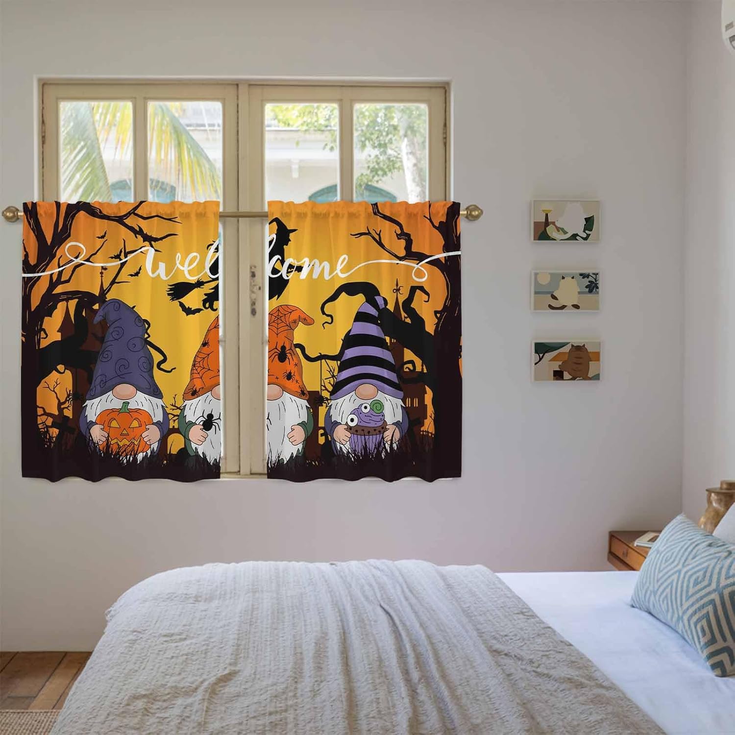 Orange Halloween Kitchen Curtains 45 Inch Long 2 Panel Set, Rod Pocket Window Treatment, Gnomes Scary Pumpkin Bat Black Tree Light Filtering Panels Short Drapes for Bathroom Camper 42"W x 45"L