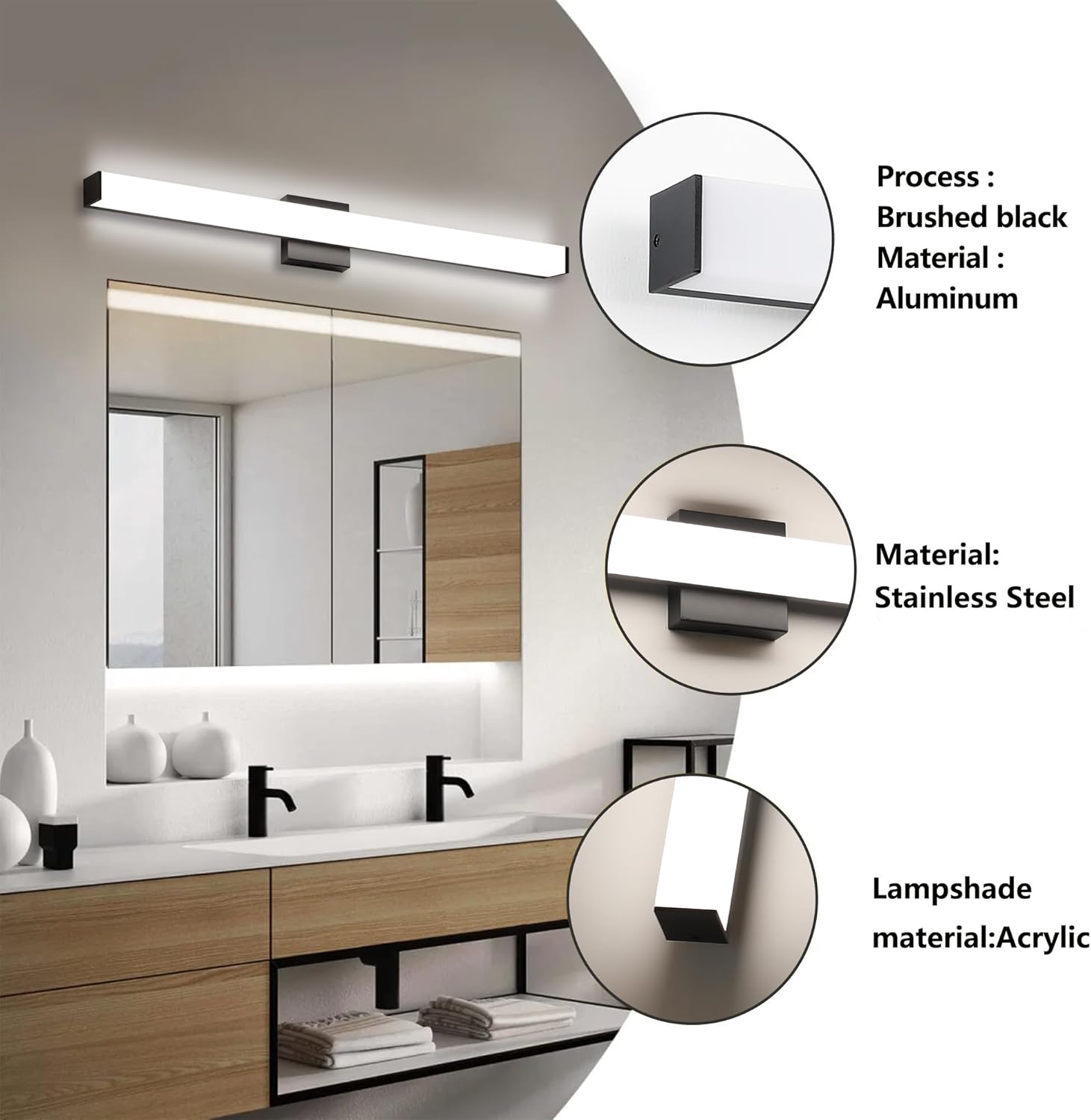led bathroom vanity light fixtures 31.5in matte black,dimmable 24w 4000k natural white square wall fixture, modern lighting for over mirror, damp rated 31.5in 4000k dimmable matte black