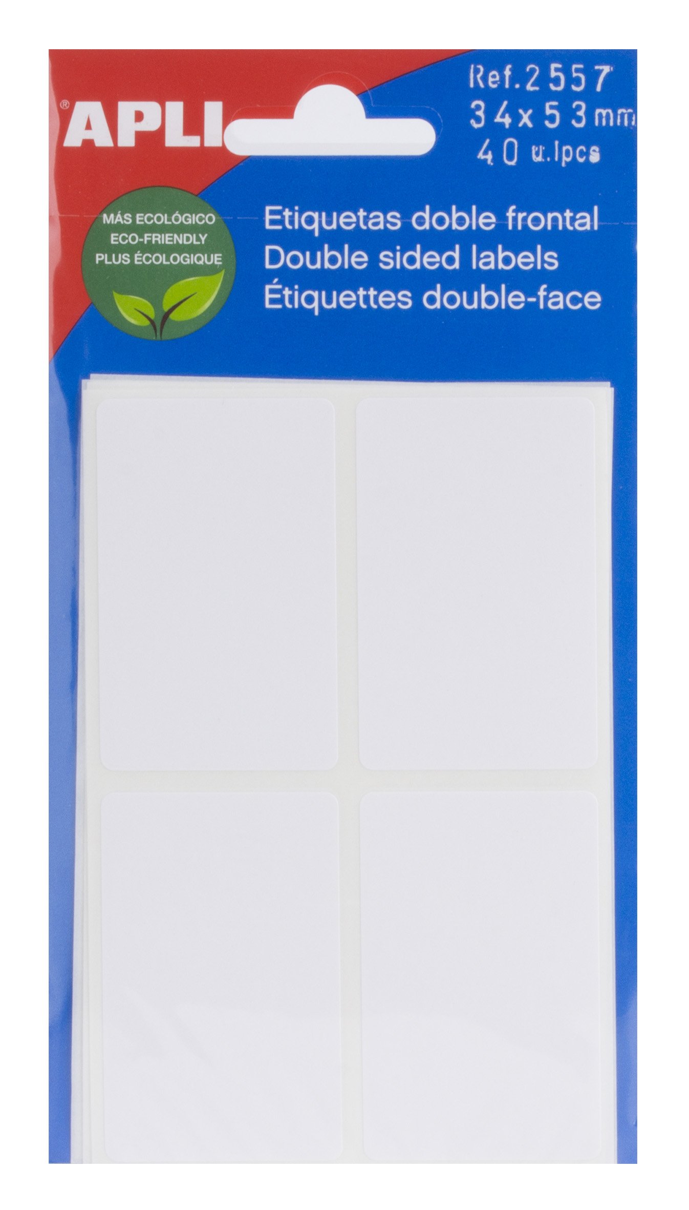APLI 2557 - Etiquetas blancas doble frontal (34 x 53 mm) 5 hojas