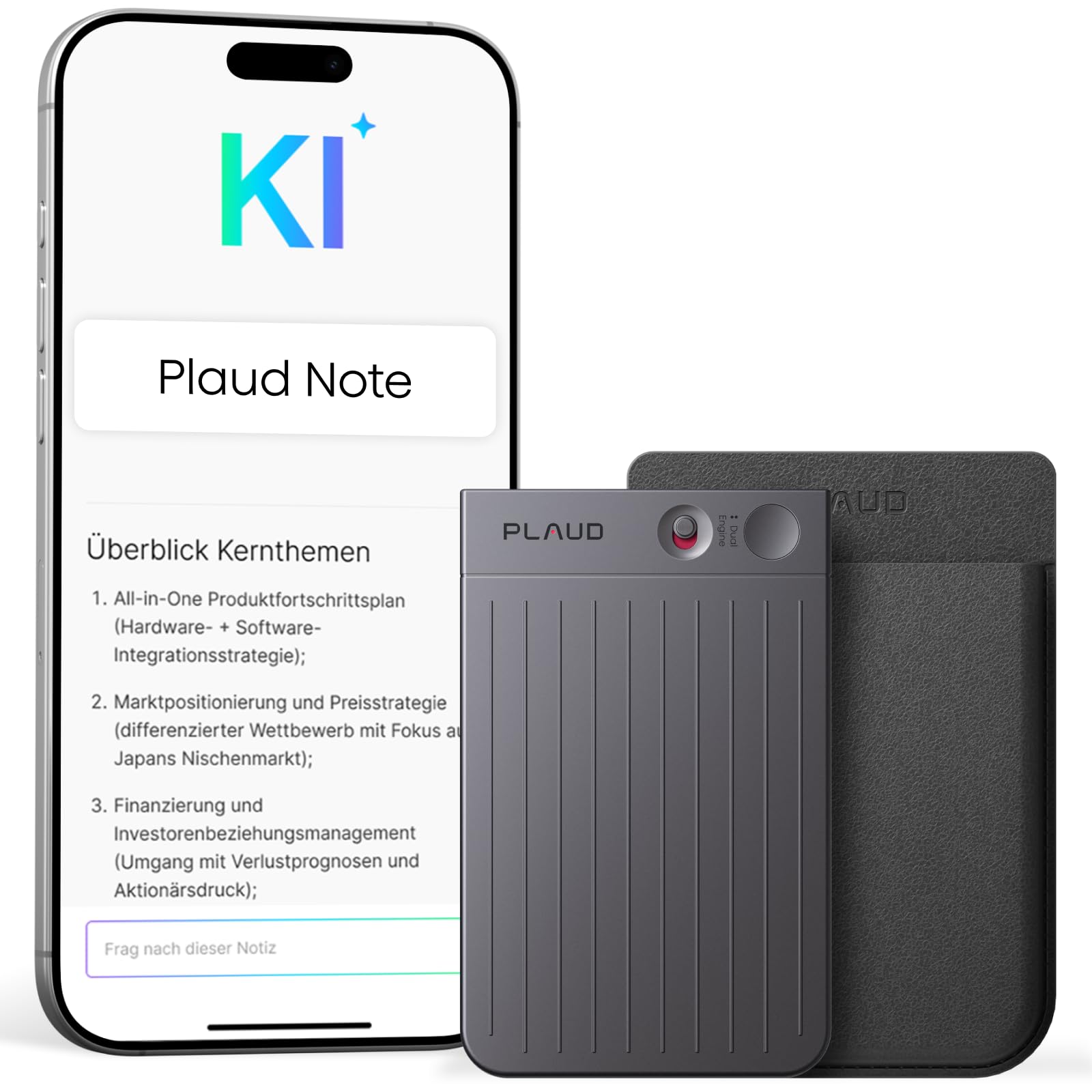 Plaud Note KI Digitales Diktiergerät mit Hülle - 64 GB Aufnahmegerät mit KI-Technologie zum Transkribieren und Zusammenfassen, Profis & Teams One-Touch-Aufnahme (Schwarze Note mit schwarzer Hülle)