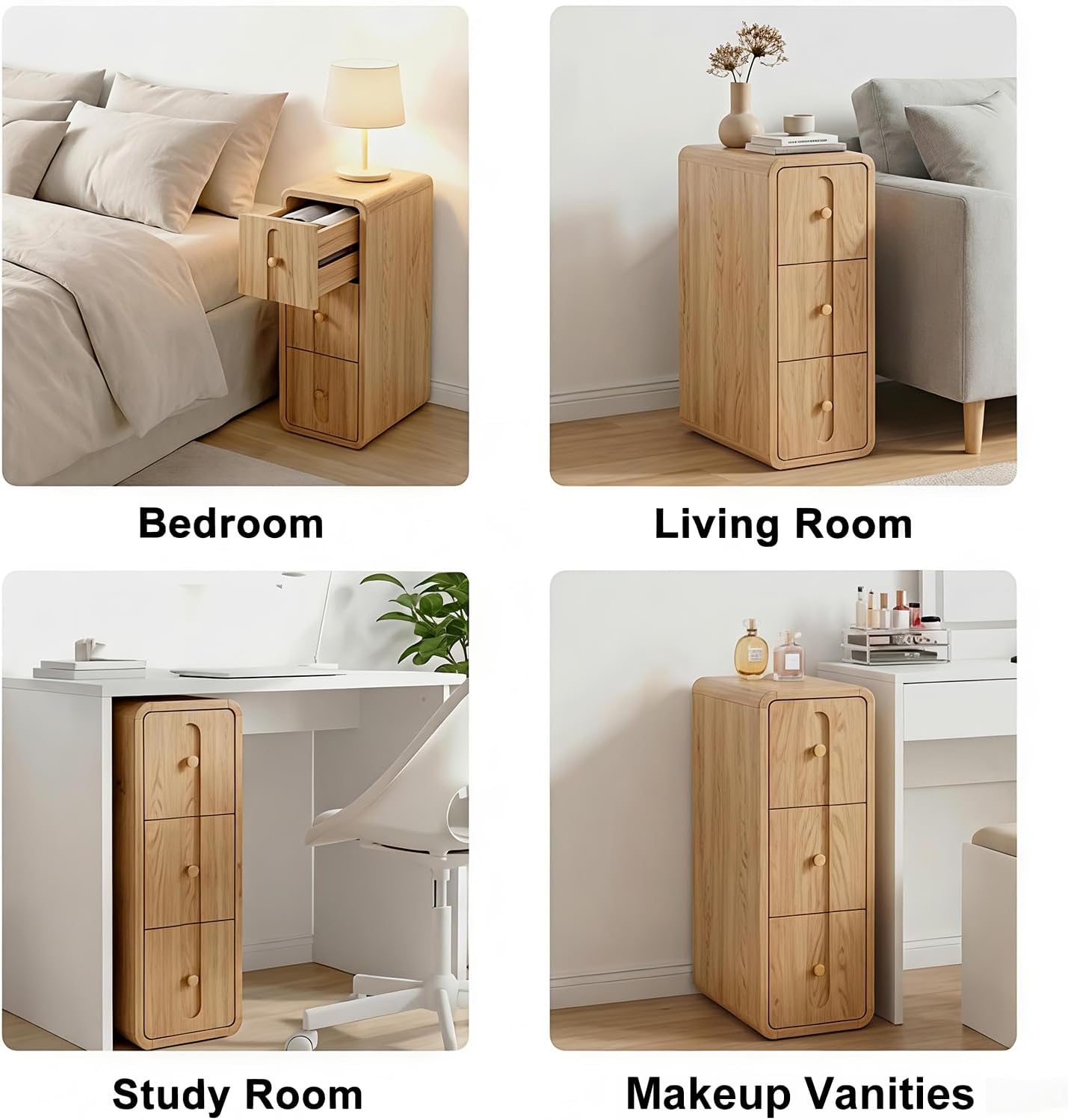 Narrow Nightstand with 3 Drawers, Small Bedside Table, Mid Century Modern Skinny Night Stand with Storage, Wood Slim Side Table for Bedroom, Small Spaces, Living Room (Natural-1pcs)