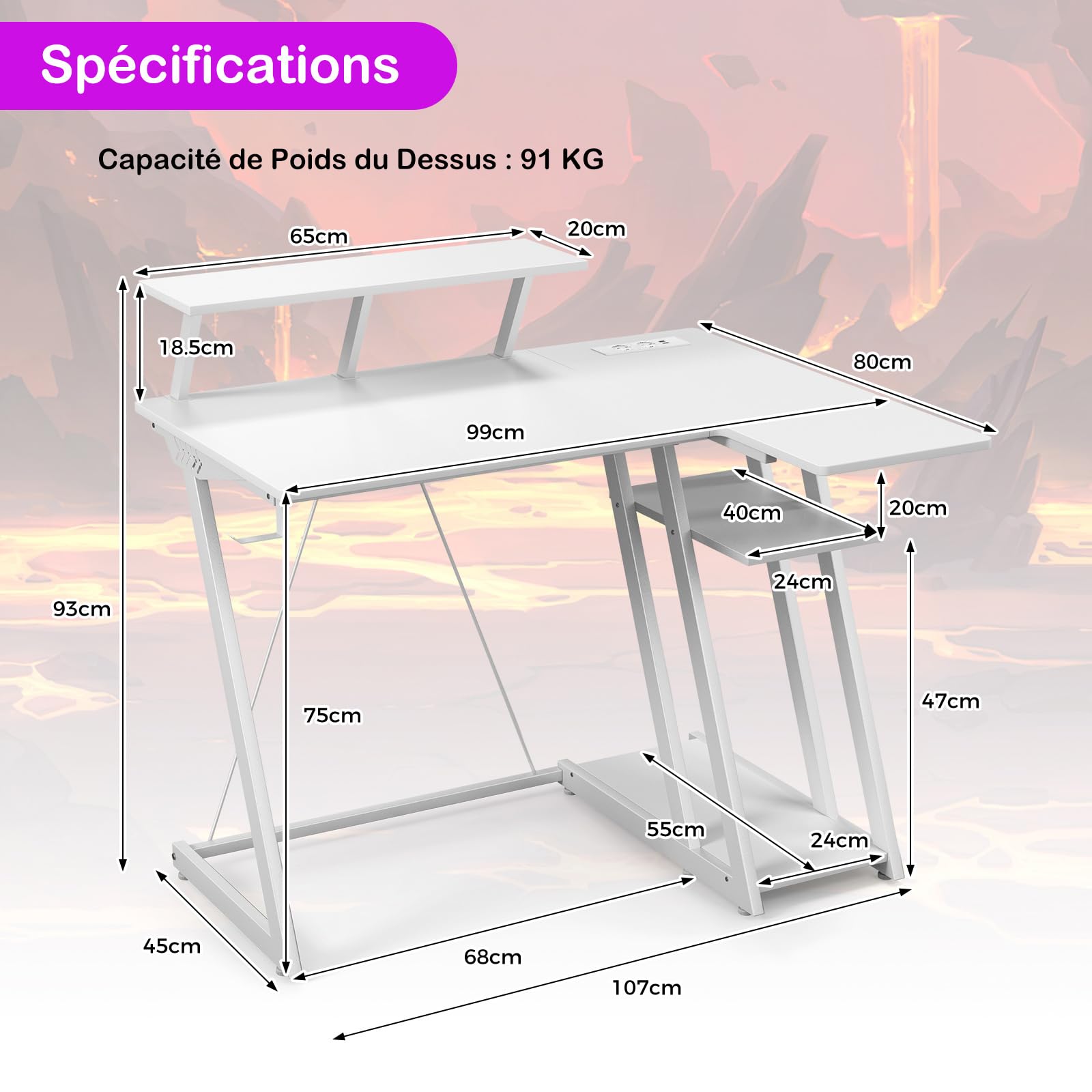 COSTWAY Bureau Gaming d'angle 107 x 80 cm, Bureau d'ordinateur en Forme de L avec Support d'écran, 2 Prises Électriques et 2 Ports USB, Table Gaming en Fibre de Carbone avec Rangement (Blanc)