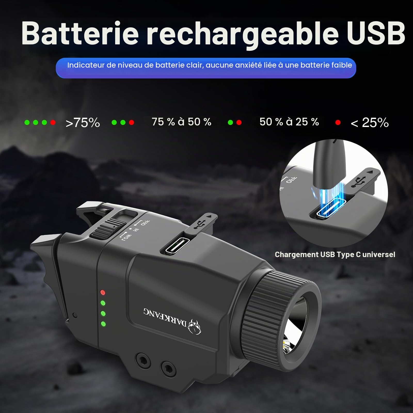 DARKFANG Lumière tactique compacte de 1000 lumens avec 2 commutateurs différents pour le rail picatinny