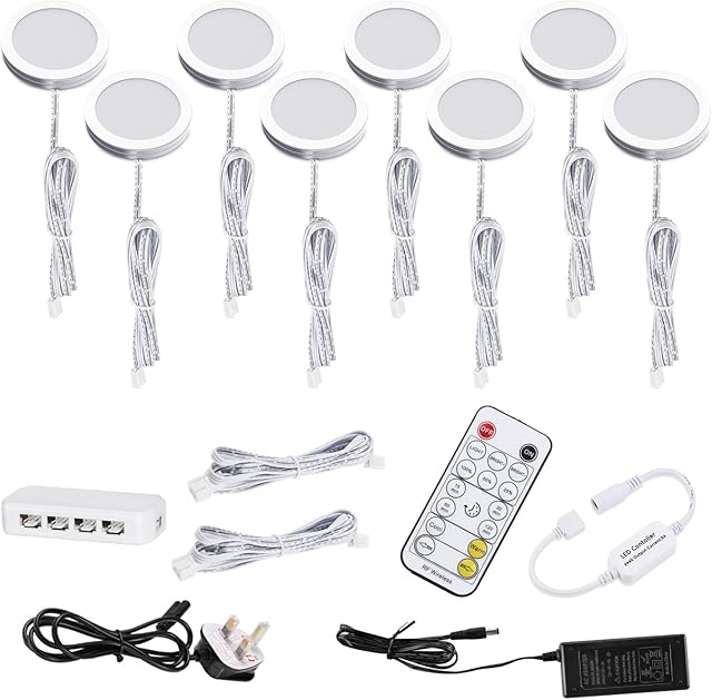 AIBOO LED Under Cabinet Colour Changing Puck Lights Warm+White, Double Colour Cupboard Lighting with Dimmable RF Remote Controller for Kitchen Counter Shelf (8 Pack)