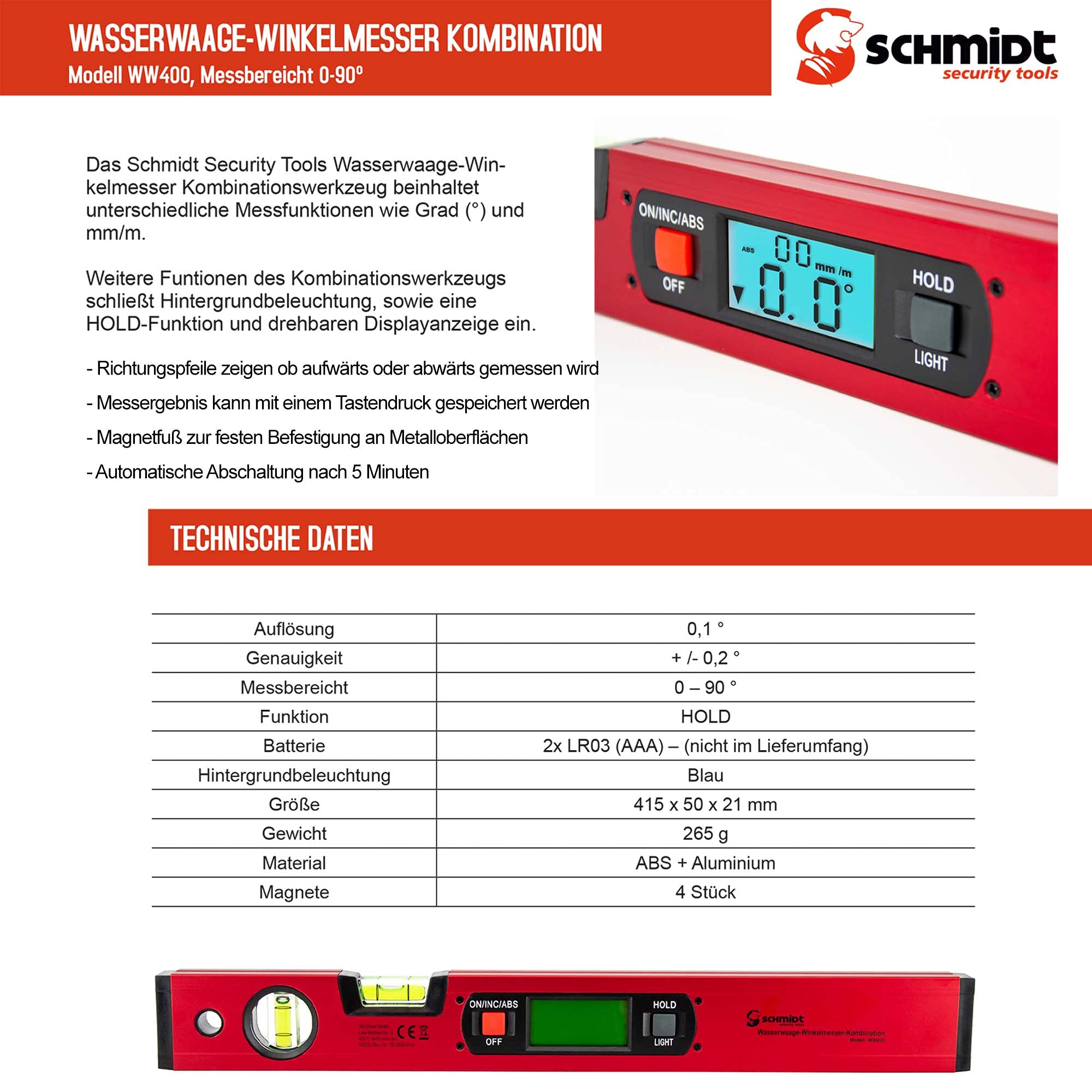 SCHMIDT security Tools Elektronik Wasserwaage Winkelmesser - Neigungsmesser - digital LCD-Anzeige - Kombimessgerät - Gradmesser- Vertikal- und Horizontal-Libelle - Winkelwaage - Magnetwaage