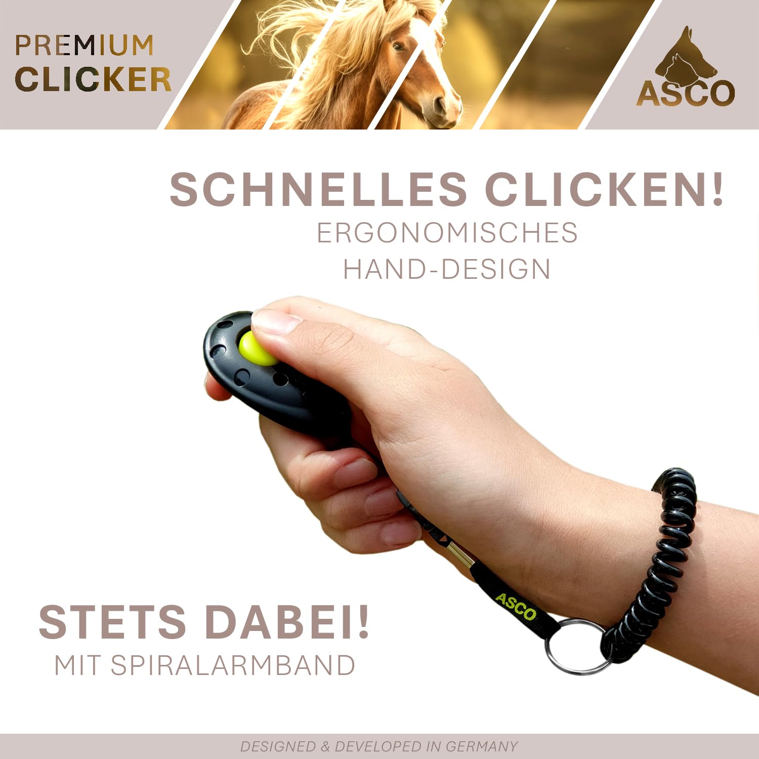 ASCO Clicker da Dito Premium con Bracciale a Spirale per clicker Training, clicker Professionale per Cani, Gatti e Cavalli, clicker per addestramento Cani, Nero AC01FS