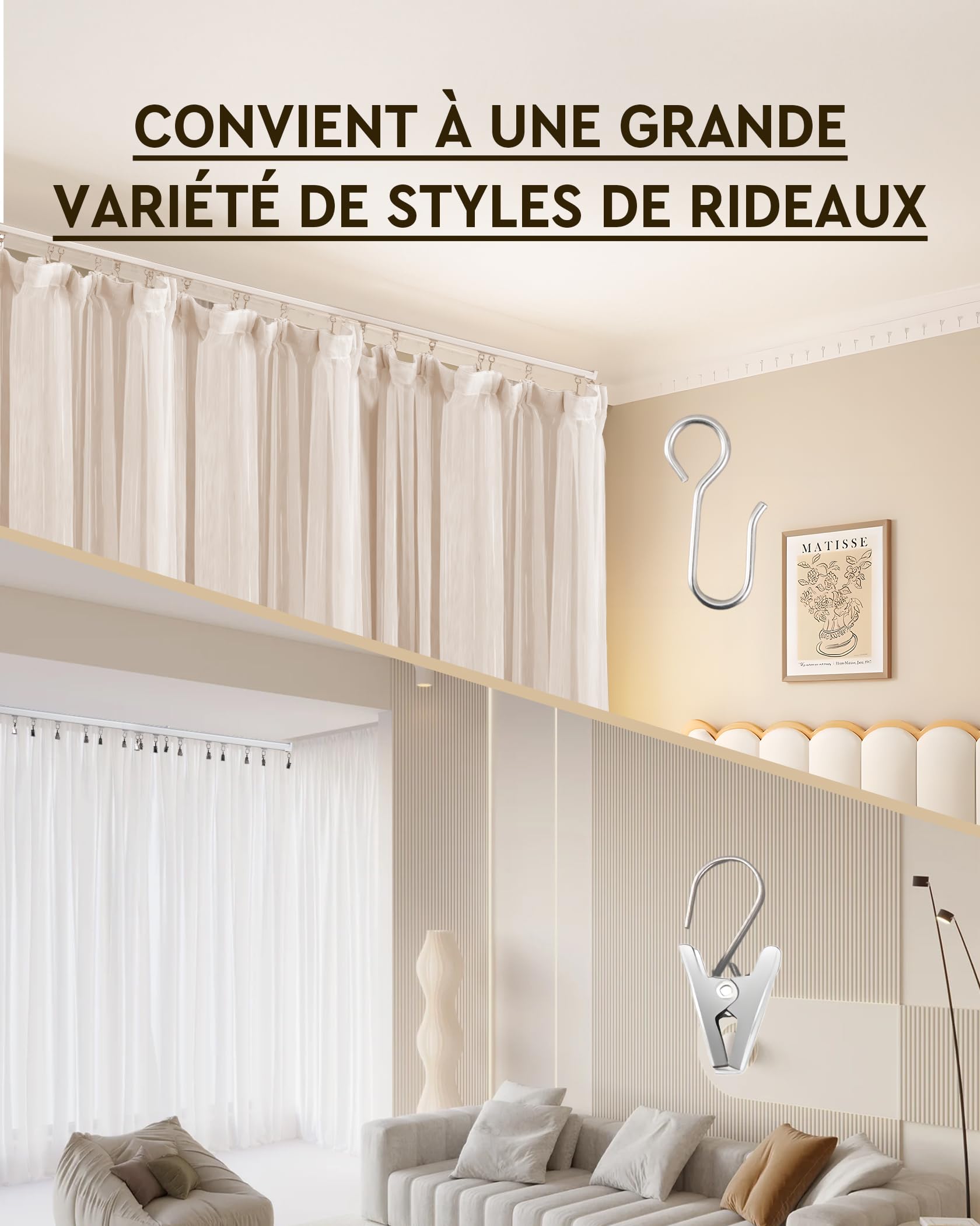 Rail à rideaux 2.5 m en aluminium, tringle à rideaux à un rail, blanc, montage au plafond, système de rails à rideaux pour cloisons, balcons, intimité (2 rails)