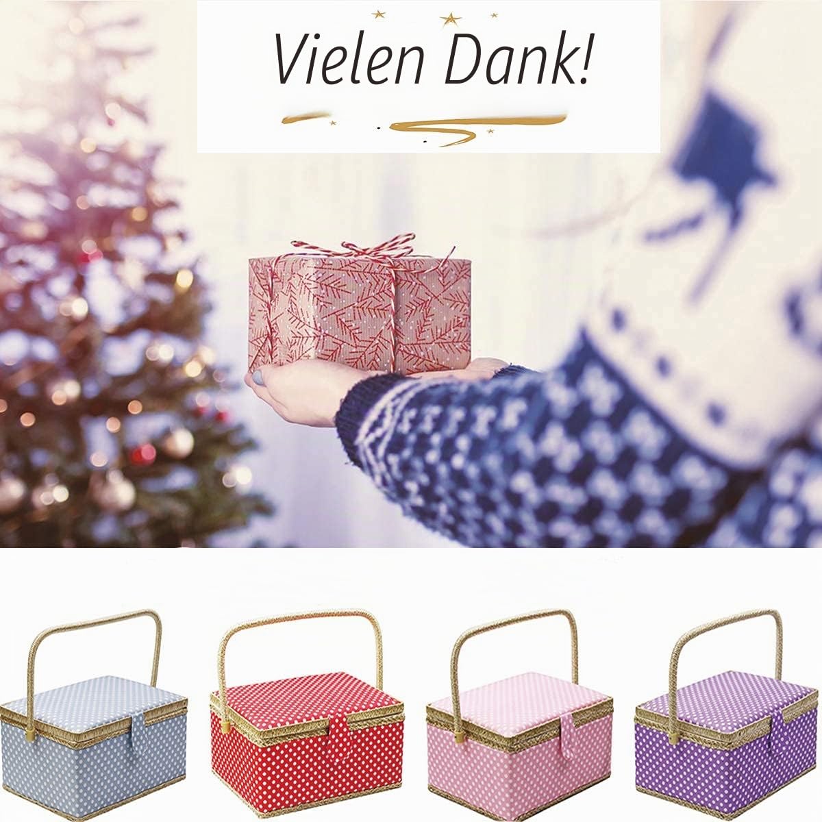 D&D Nähkästchen Rosa Gepunktet Nähkasten Groß mit Fächern inklusive wesentlichem Zubehör, integriertem Nadelkissen, Tasche und herausnehmbarem Tablett (31 * 22,5 * 15 cm)