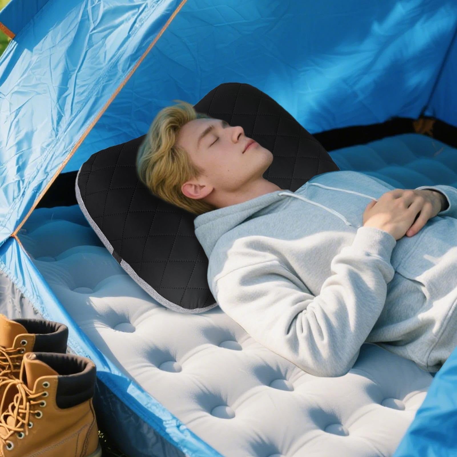 Almohada de apoyo lumbar inflable, cojín lavable para viajes, aviones, coches, camping y uso al aire libre – para hombres y mujeres