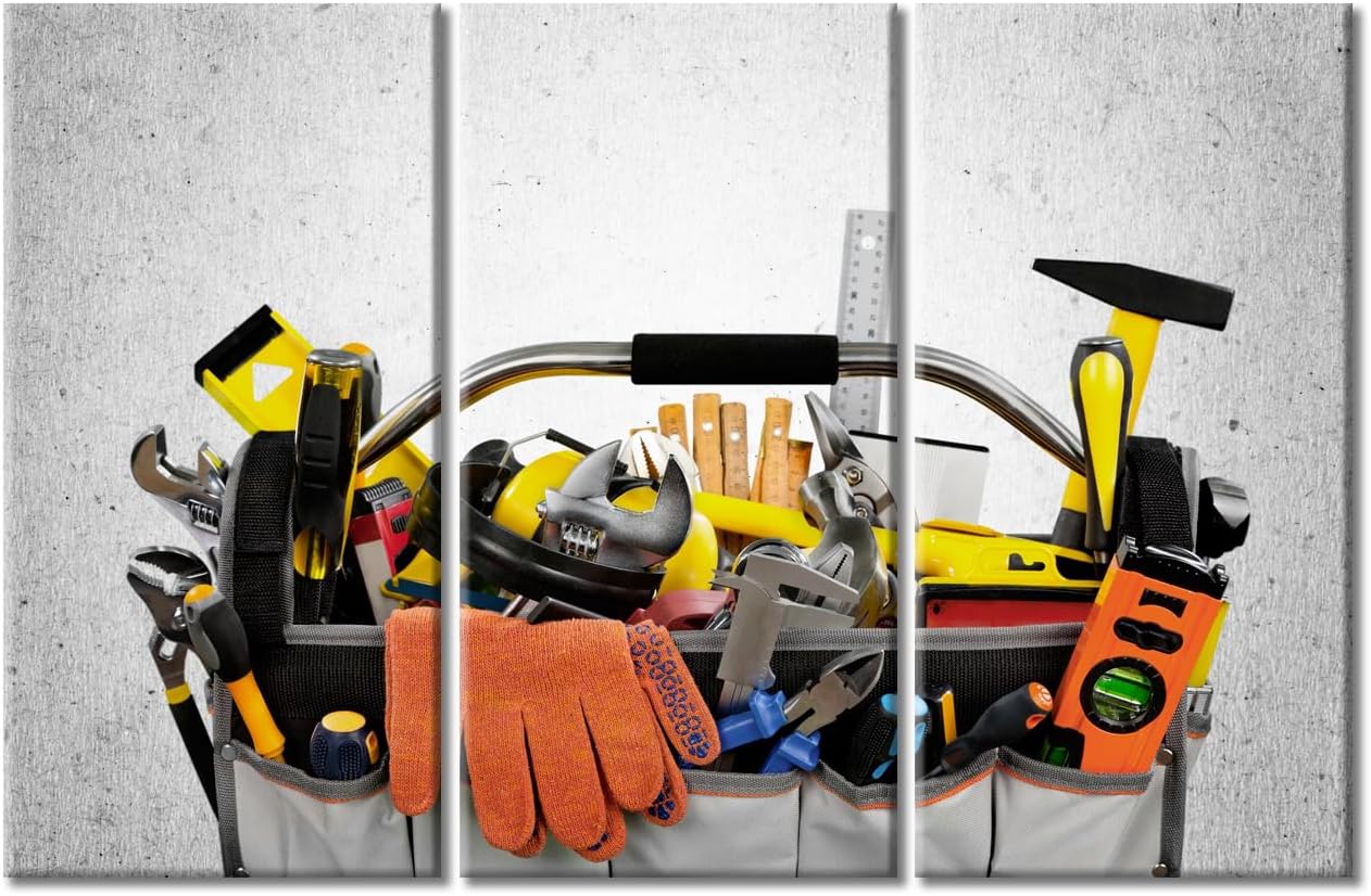 3 Piece Toolbox Wall Pictures for Living Room Wrench Painting on Canvas Water Pipe Wall Decor Art Tools Bedroom Wall Art Modern Artwork Framed Ready to Hang 60"Wx40"H