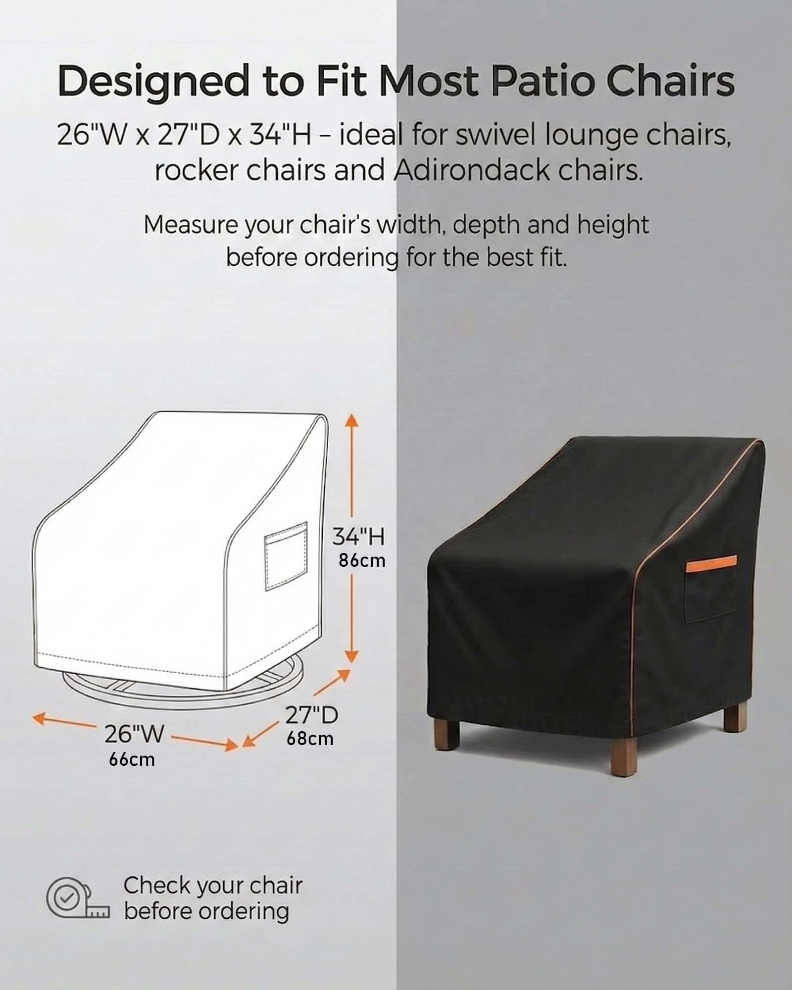 Juego de 2 fundas giratorias para sillas para exteriores, funda giratoria para terraza, apta para (27,5 x 32,5 x 39 pulgadas) 600D resistente al agua, resistente al desgarro, color negro