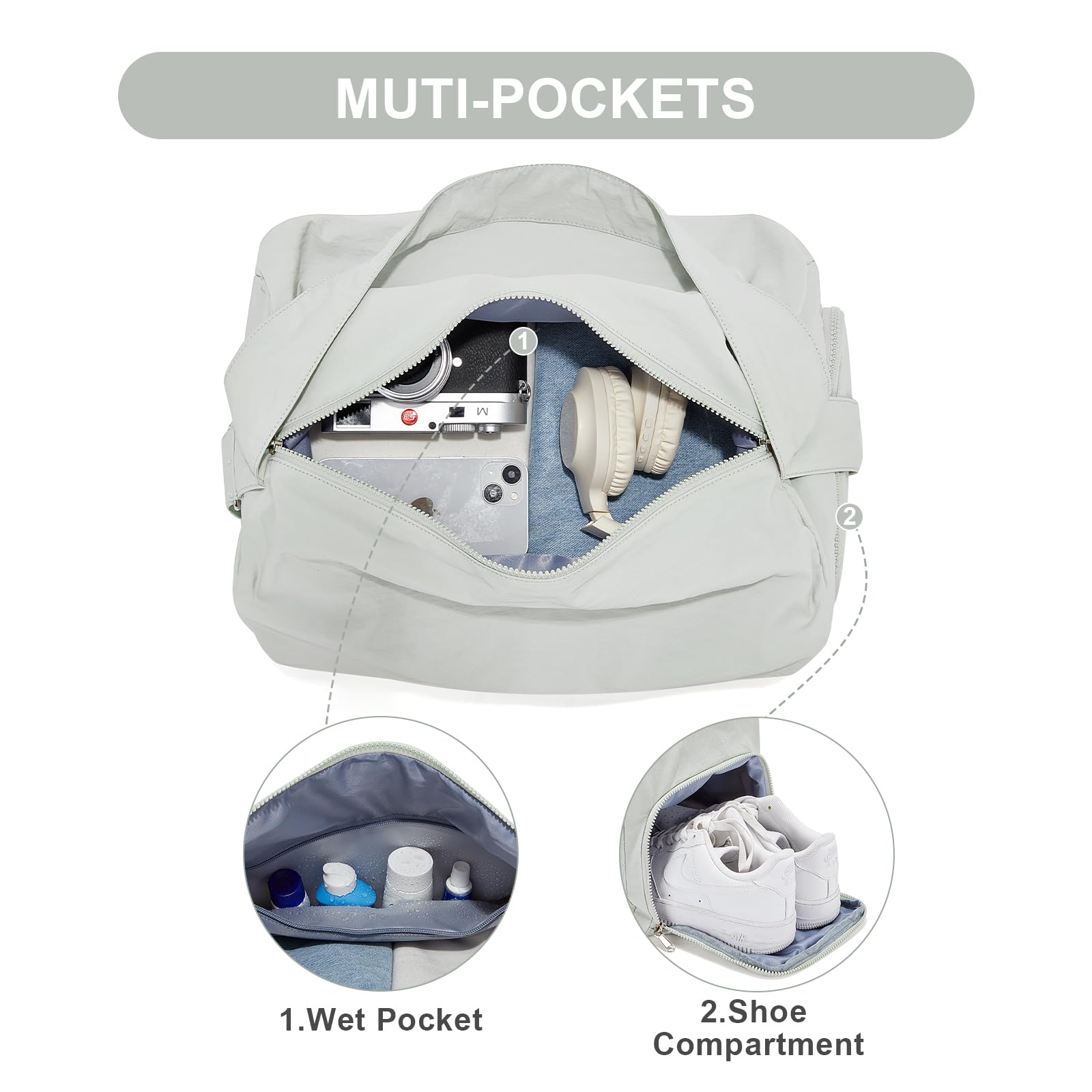 Bolsa de gimnasio pequeña, bolsa de mano, bolsa de lona ligera para entrenamiento, viajes, fin de semana de hombro durante la noche para mujeres, Gris Verde