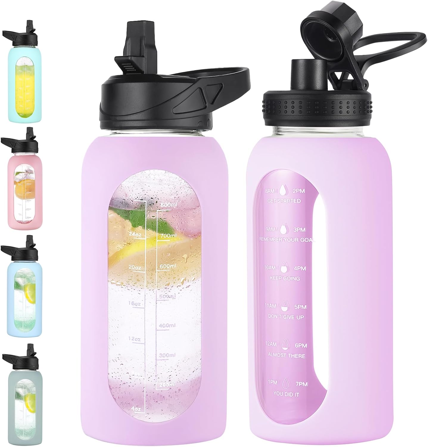 32 oz Glass Water Bottle with Straw and Handle, Sports Motivational Water Flask with Silicone Sleeve, Large Leakproof Water Flask Cup with Time Marker for Travel, Gym, Purple