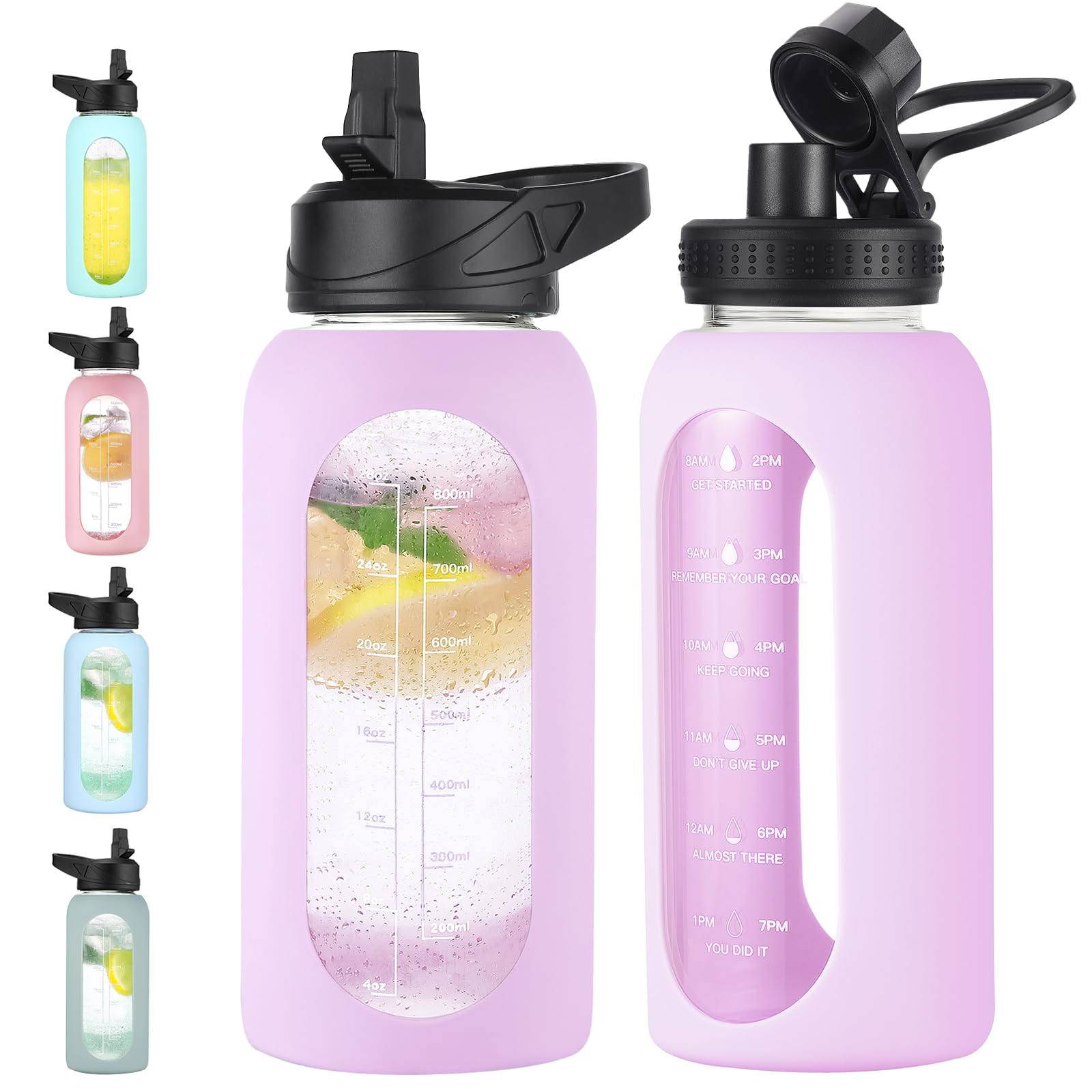 EALGRO 32 oz Glass Water Bottle with Straw and Handle, Sports Motivational Water Flask with Silicone Sleeve, Large Leakproof Water Flask Cup with Time