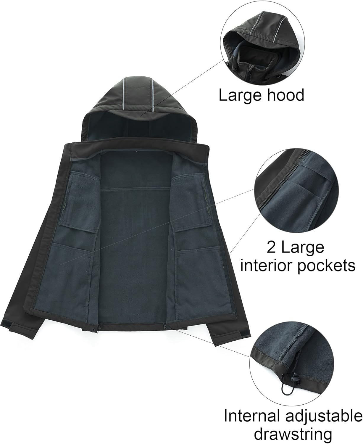 CREATMO US Men's Softshell Military Jacket With Removable Hood, Fleece Lined and Water Repellent Outdoor Reflective Coat - Image 3