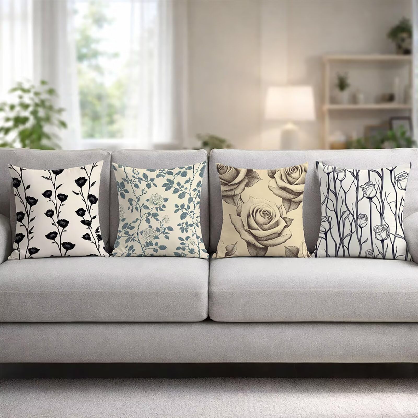 Kissenbezug 60x60 cm Schmucklos, Kissenhüllen 4 Pack DekoKissen Wasserfest Gartenmöbel Set Rose Balkon Sofa Outdoor kissenbezüge Beidseitiger Druck für Gartenstuhl Deko Wohnzimmer Geschenke LSJ05018