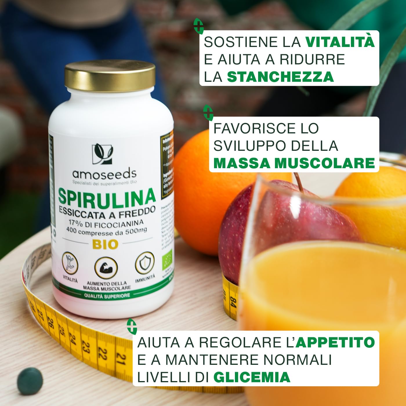 Spirulina BIO, 4500mg al giorno | 17% Ficocianina, essiccata a freddo | 400 compresse vegane de 500mg | Vitamine, Diminuisce la stanchezza, Sistema immunitario | Qualità superiore