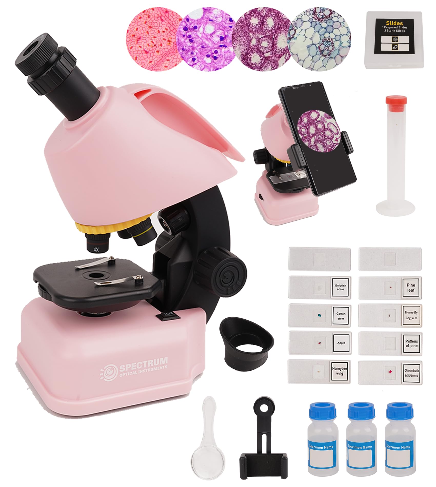 SpectrumOI Pink Microscope for Adults and Kids,40X - 640X Compound Microscope for Beginner 8-12, Kids Microscope with 8 Spicemen Slides, Microscope