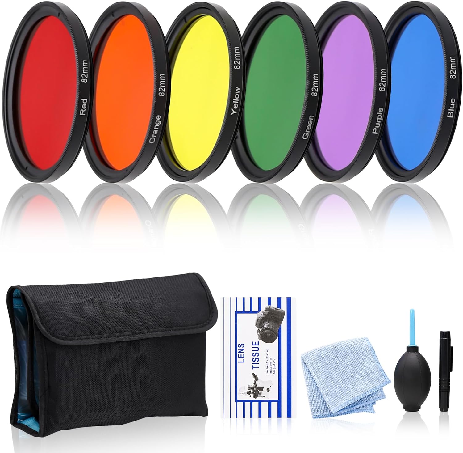 6-Piece Full Color Lens Filter Kit 82 mm for DSLR Cameras – Includes Red Orange Yellow Green Blue Purple Filters, Cleaning Kit & Pouch – Universal Fit for Canon for Nikon for Sony Camera