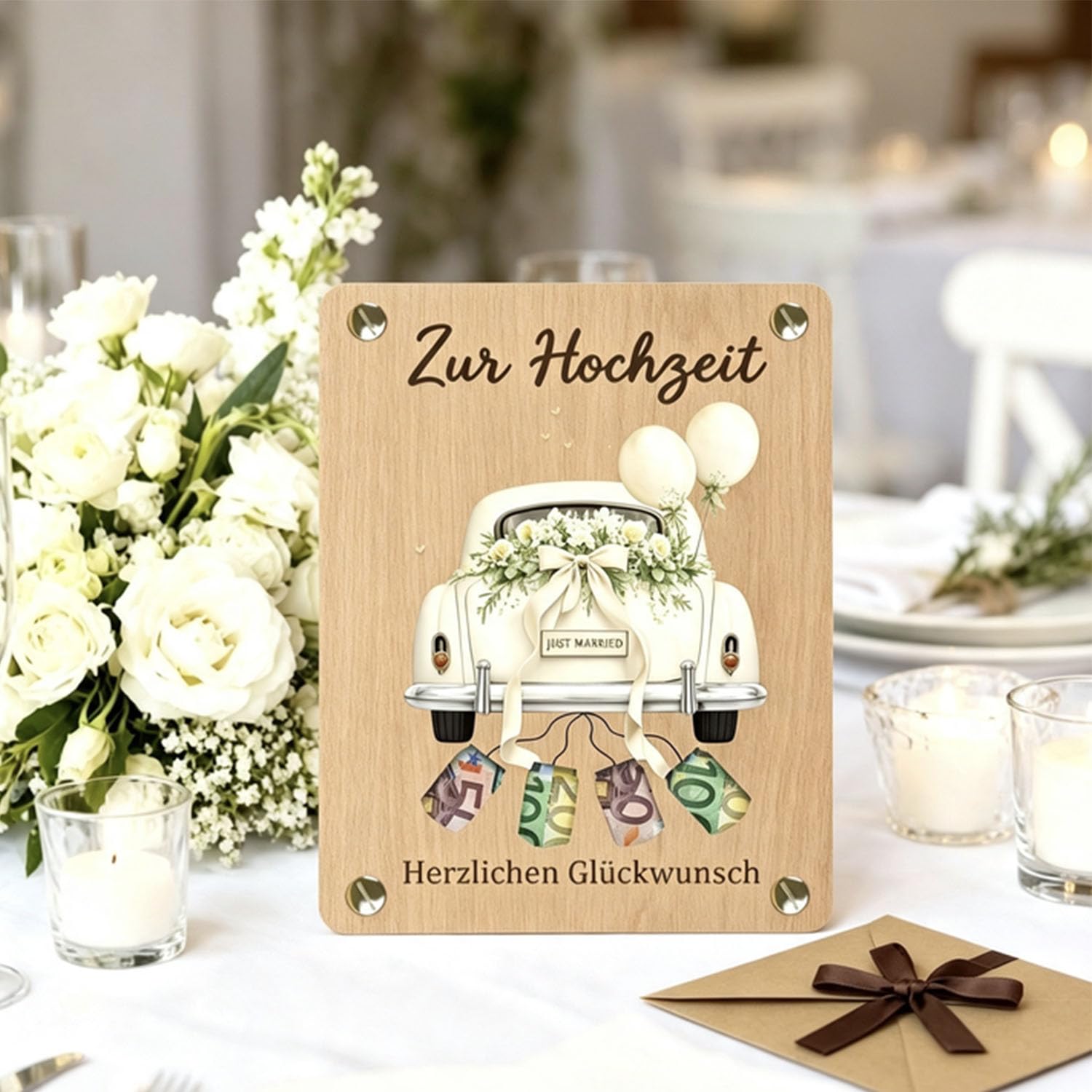 13 x 10 cm Biglietto Auguri In Legno, idealny na gratulacje ślubne | Ozdoba samochodu dla nowożeńców z drewnianą kopertą, romantyczny styl i pełna miłości