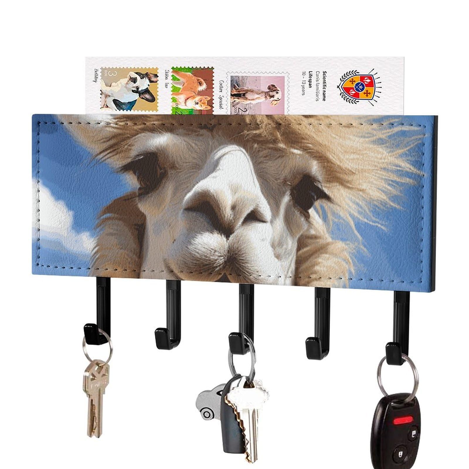 DWVTSLH Funny Alpaca Llama Key Holder for Wall, Decorative Key Hooks with Mail Organizer & 5 Hooks, Self Adhesive Leather Key Hanger for Entryway, Wall Mounted Key Rack (7.1” X 4.3” X 0.9”)