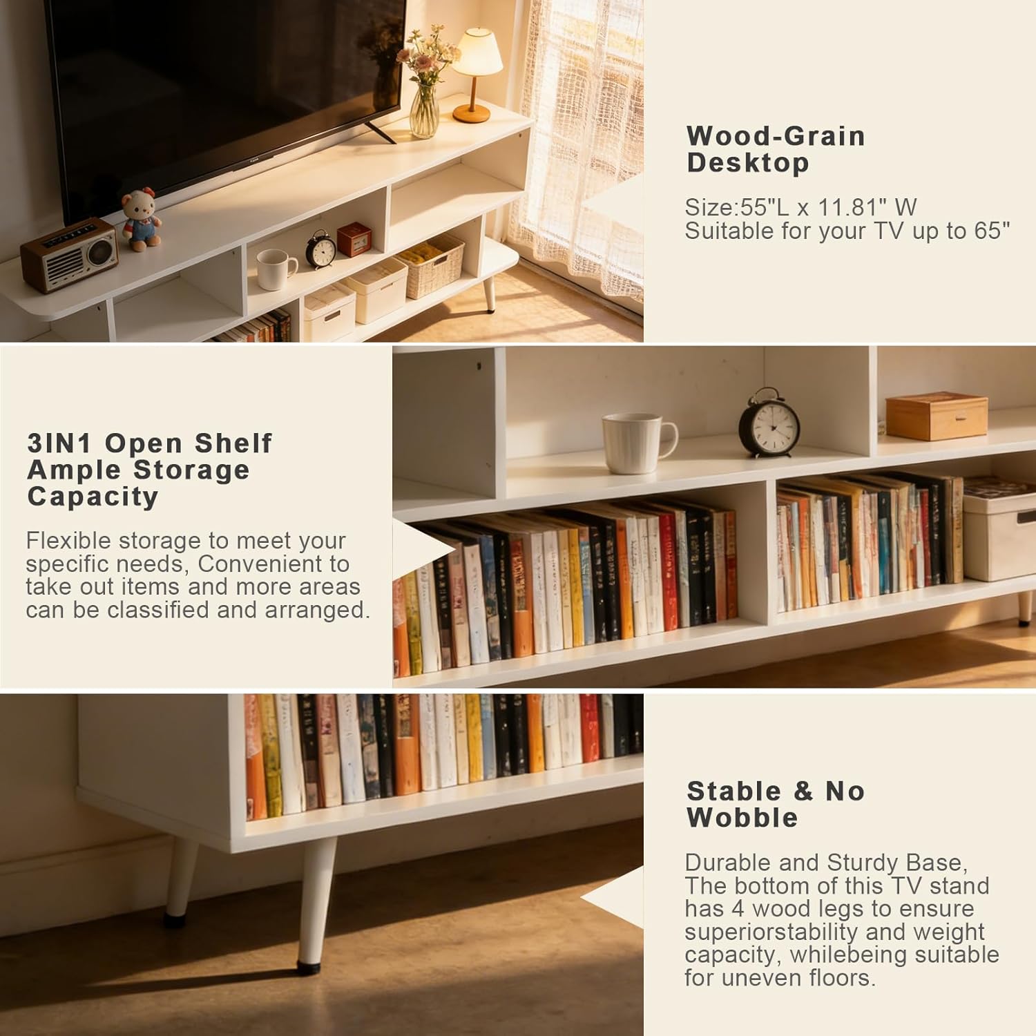 Lightdot 55 Inch TV Stand, up to 65 Inch TVs, Large Storage for Collection with 6 Open Shelves, Sturdy Media Console Table for Living Room/Entrance/Kitchen/Sofa Cabinet, Easy Assembly, White
