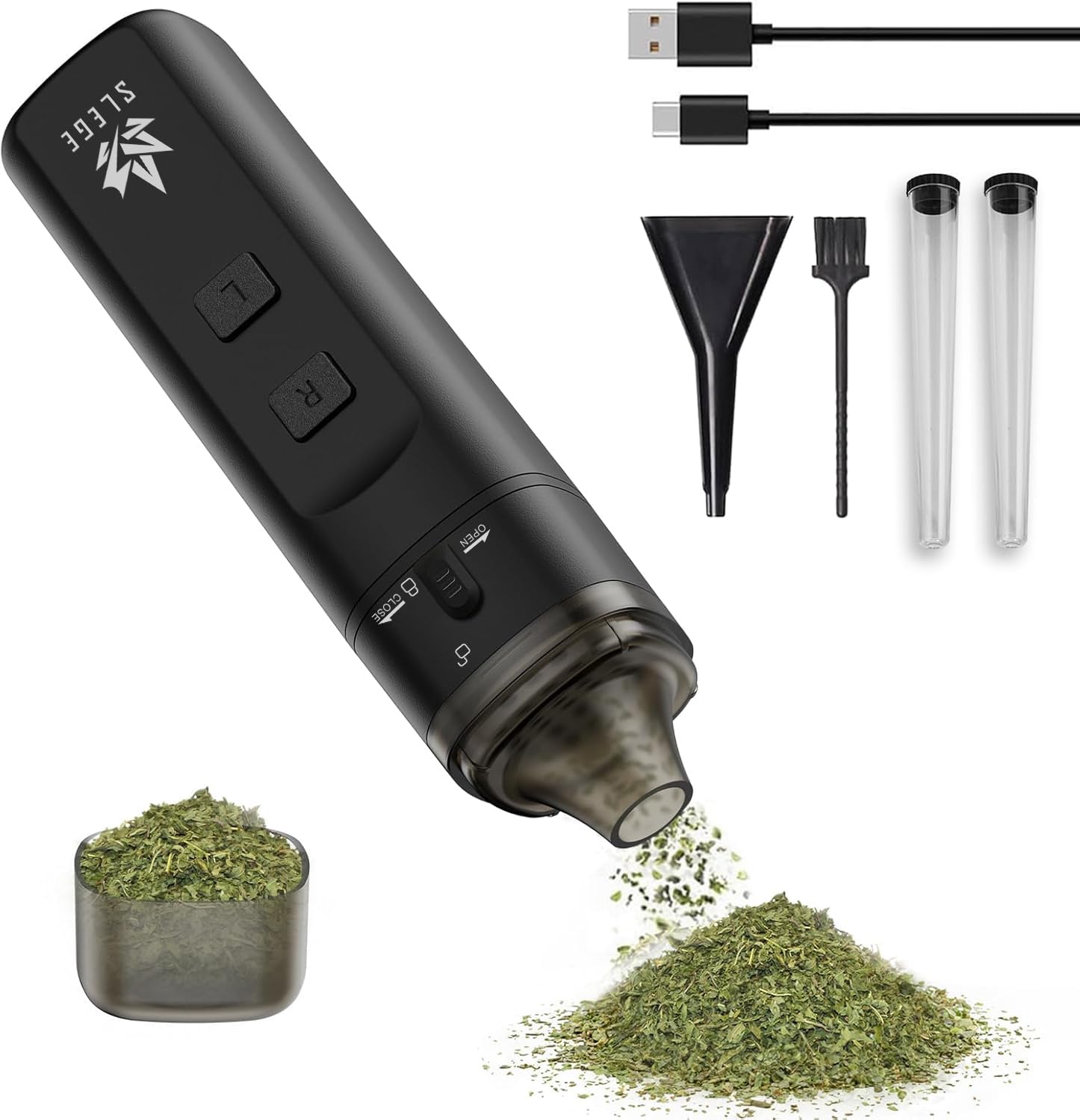 Grinder électrique,Grinder à épices électrique,Portable broyeur épices/pollen,Super Puissance 7 Nm,Broyage bidirectionnel sans blocage,Mouture rapide 1,5 g, Avec trémie,Bol,Tube Conique (noir) USB