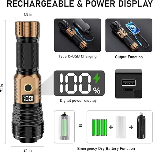 Vista 3 de Linternas recargables de alto lúmenes, luz LED súper brillante de luz de luz larga, linternas con zoom con pantalla digital LCD, 5 modos, Dorado