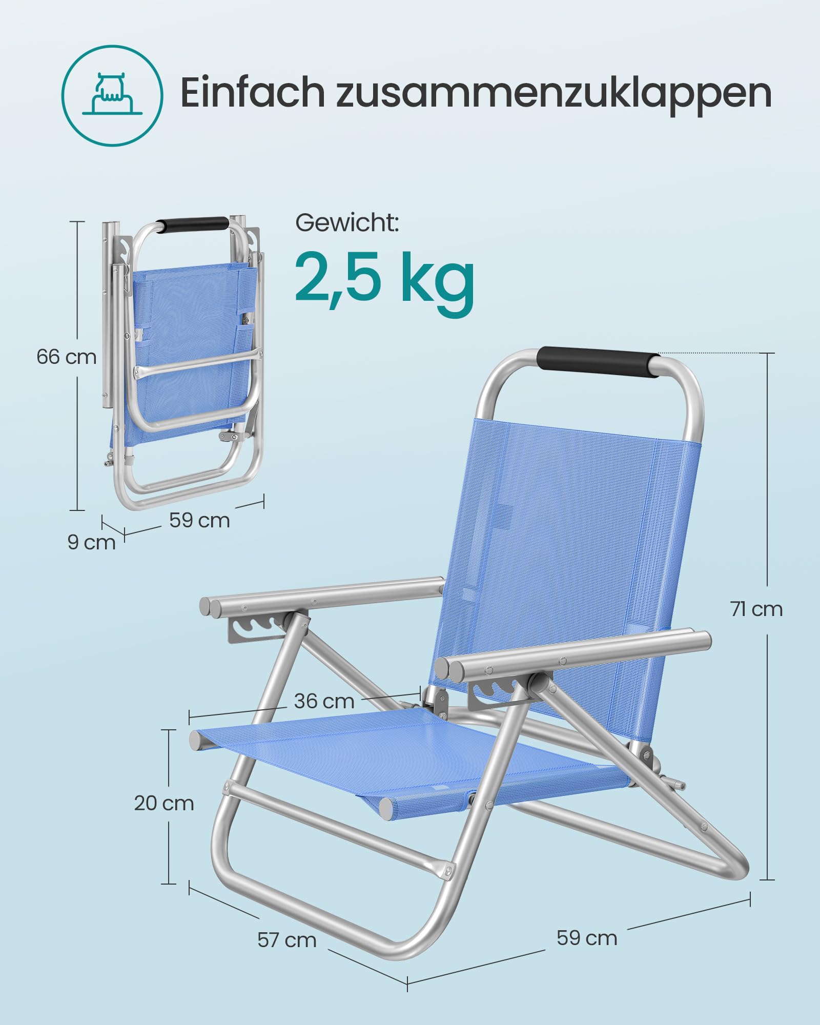 SONGMICS Strandstuhl, tragbarer Klappstuhl, Rückenlehne 4-stufig verstellbar, mit Armlehnen, atmungsaktiv und komfortabel, Outdoor-Stuhl