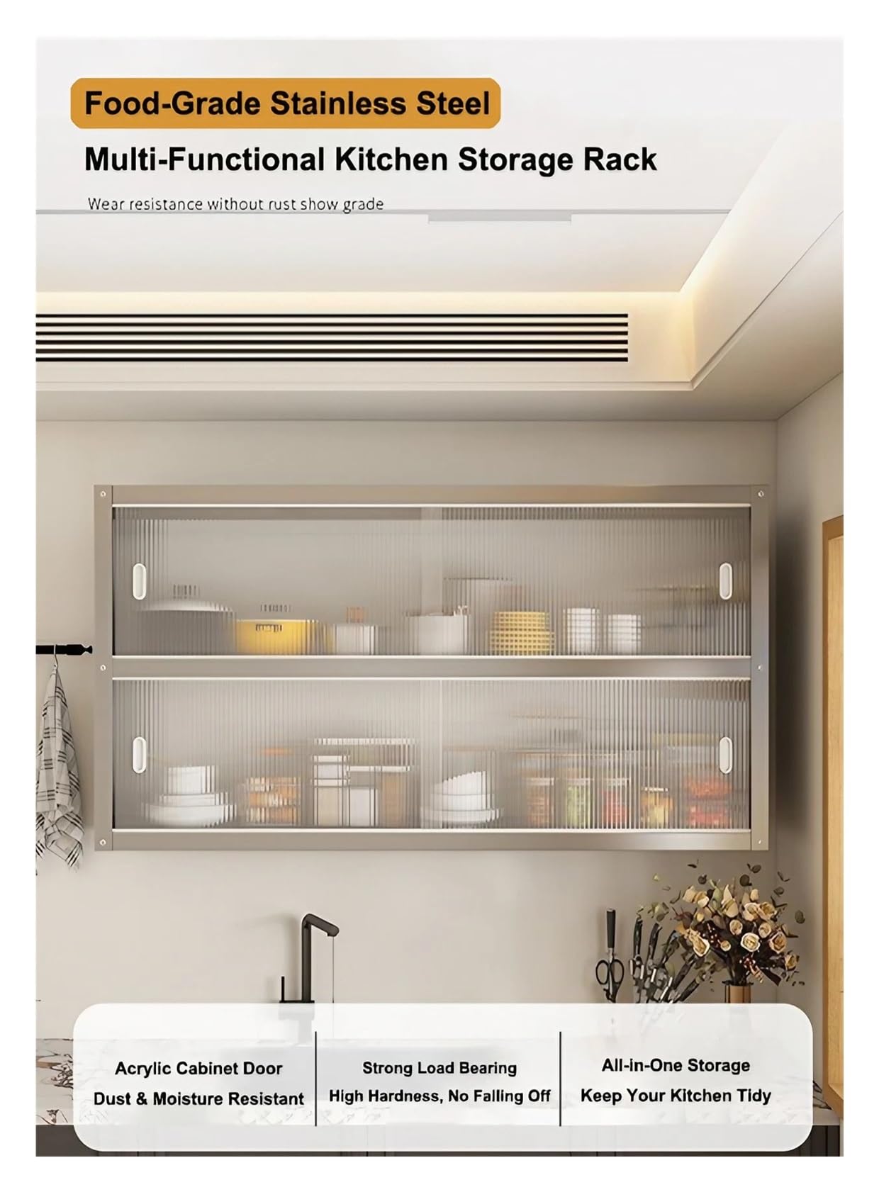 Armadietto da Parete Cucina in Acciaio Inox con Ante Scorrevoli, Pensile Cucina Sospeso, Armadio Murale Mobile Credenza per Bagno Ufficio(120x30x70CM)
