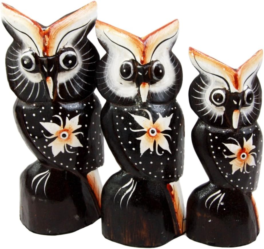 BALIKRAFT Hand Made Wood Artisans Burung Hantu Star Flower Nocturnal Owl Family Set of 3 Decorative Figurines 7.5" H