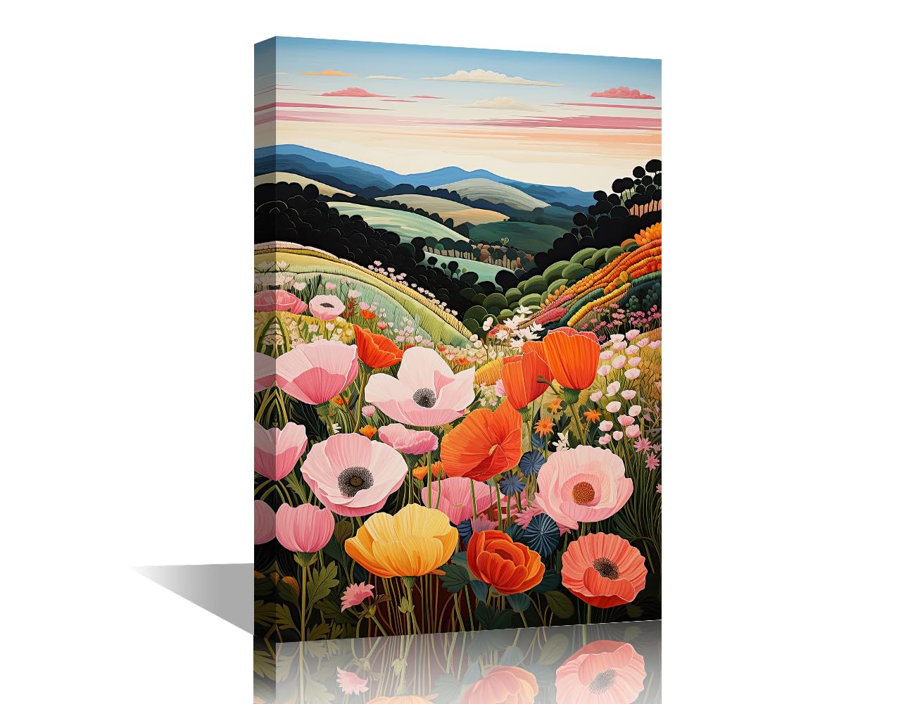 TISHIRON Natural Landscape Wall Art for Living Room Flowers Canvas Wall Art Poppy Pictures Posters Blooming Modern Decor for Bedroom Office 1 Panel Paintings Giclee Framed Ready to Hang, 18x12in