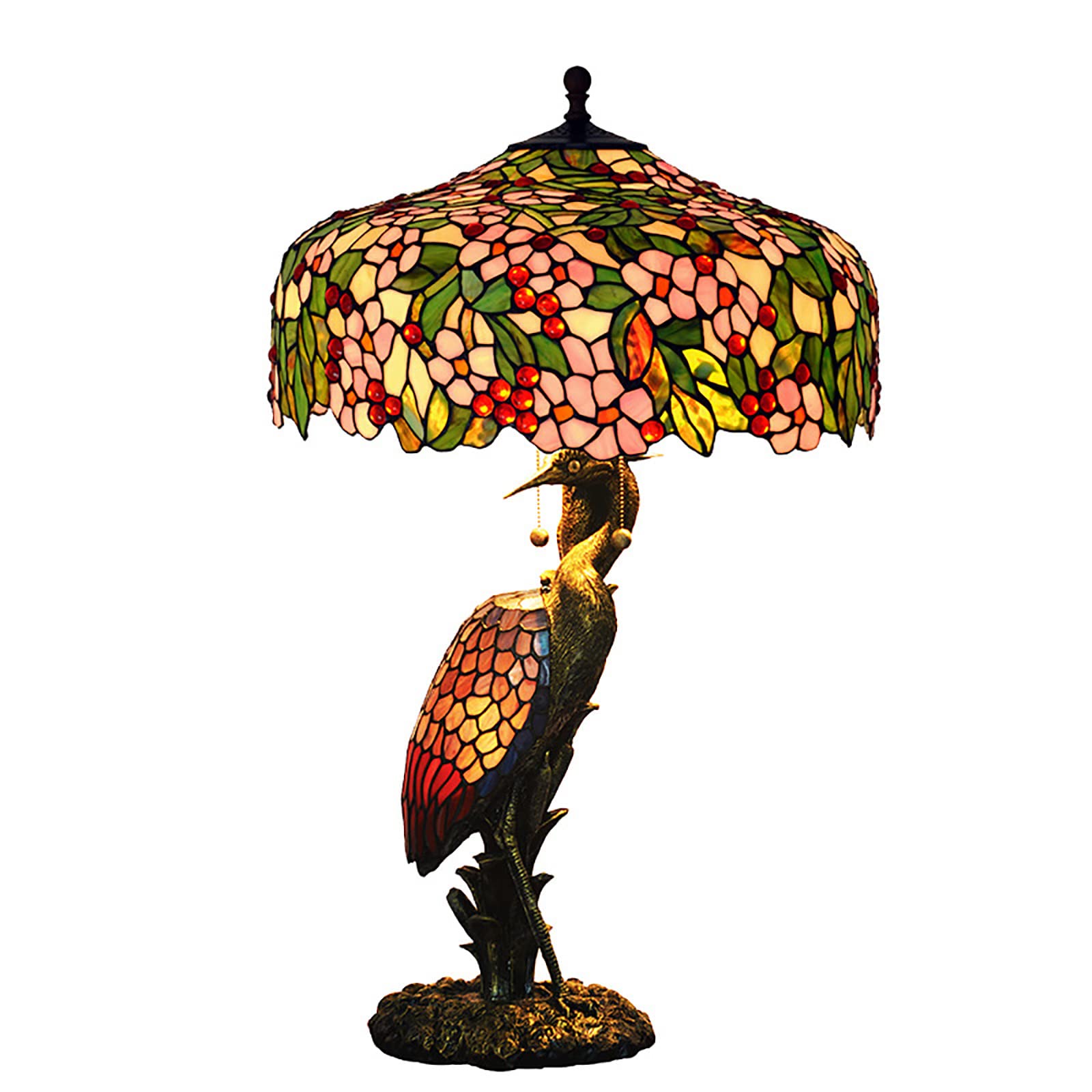Aiboty B Pink Stained Glass Green Leaves Table Lamp, 20 Inch Tiffany Style Pastoral Cherry Lossom Edroom Edside Lamp, Living Room Office Table Decoration Lamp With Pull Cord Switch,