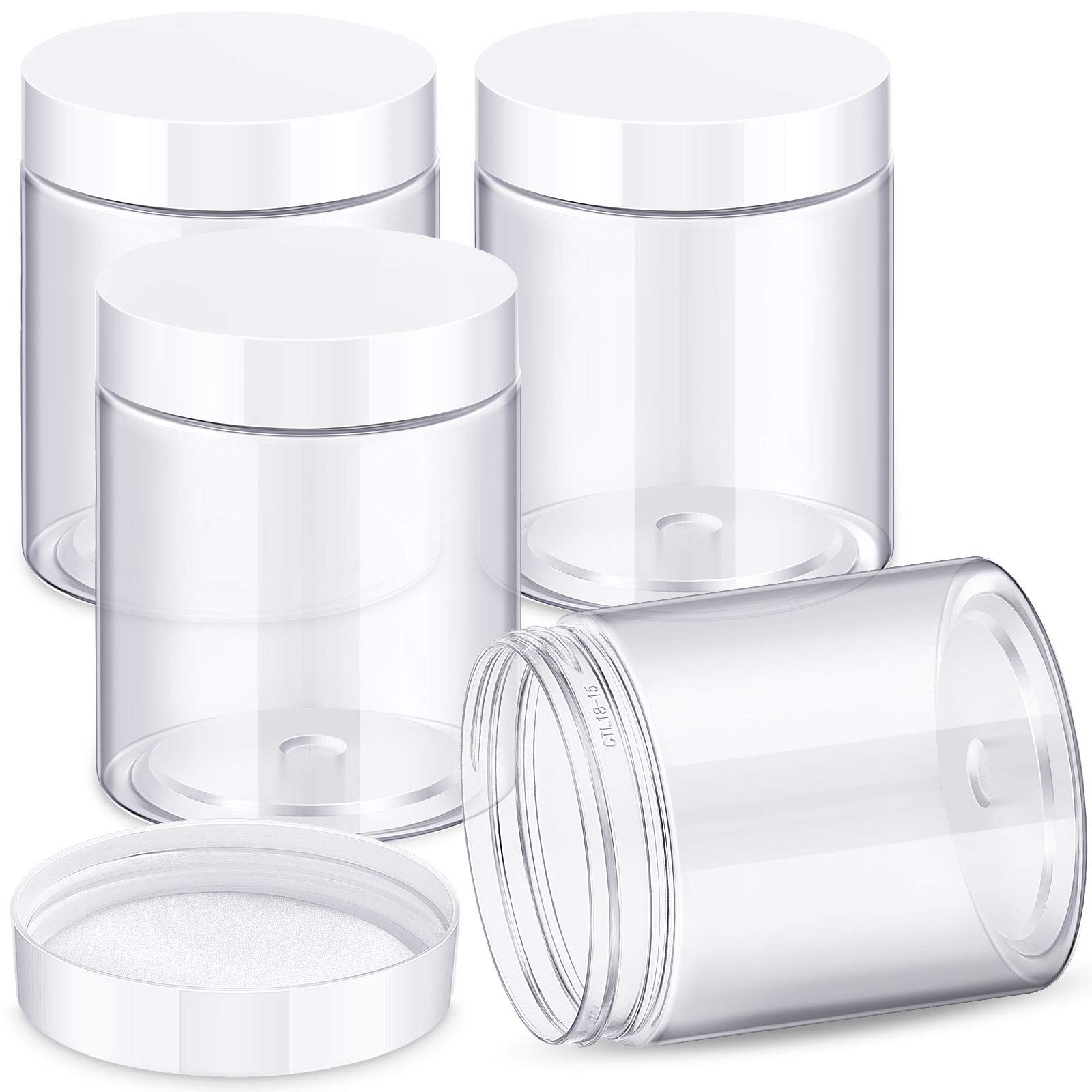 4 Pieces Round Clear Wide-mouth Leak Proof Plastic Container Jars with Lids for Travel Storage Makeup Beauty Products Face Creams Oils Salves Ointments DIY Slime Making or Others (10 Ounce, White)