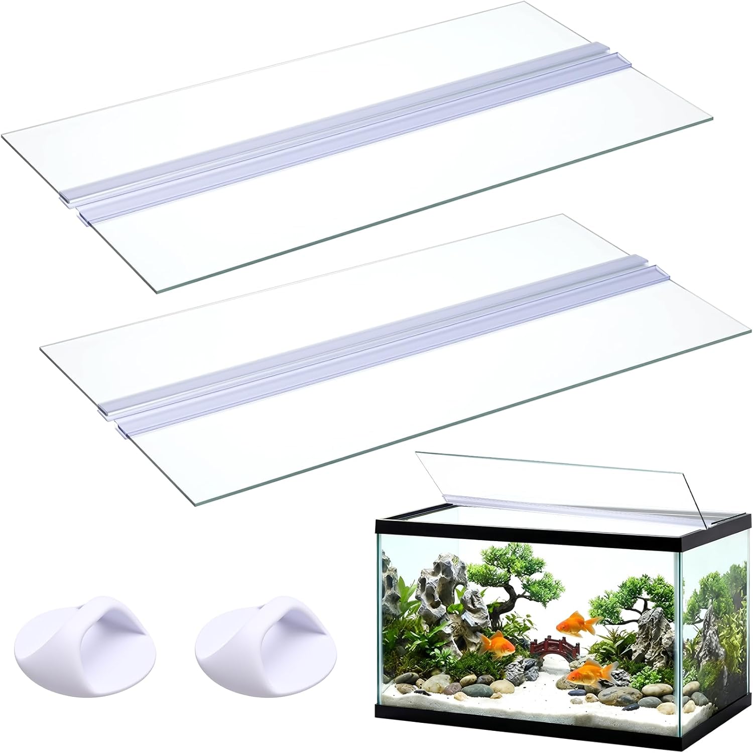 Sawysine 2-Pack Glass Aquarium Lid for 10 Gallon Tank - Clear Hinged Canopy with Handles, 19.33x9.65in, Cut-to-Fit Cover