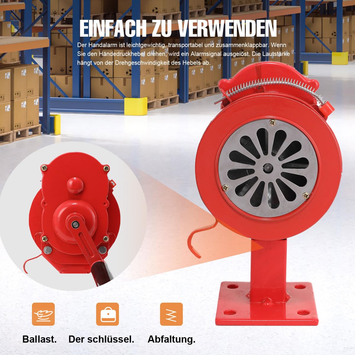 110 ± 2db Handsirene Aluminiumgehäuse Sirene Alarmsirene Handkurbel Luftangriffssirene, Selbstschutz-Notsirene, LK-100A betriebenes Sirenenhorn für Industrie, Bauwesen, Fabriken mit Basis Rot