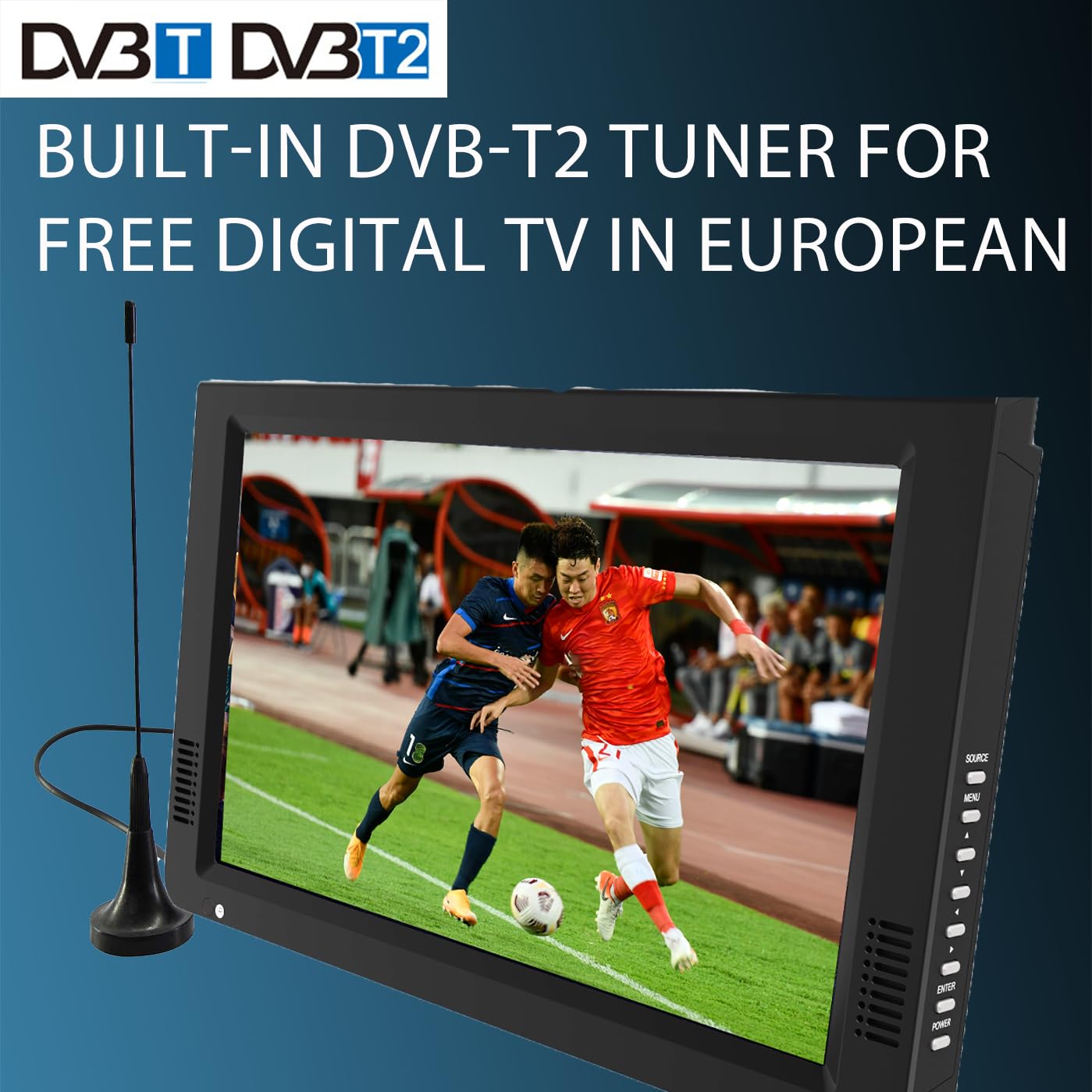 TV Digital Portátil con batería de 1500 mAh,12 pulgadas 1080P MINI TV DVBT/T2 Sintonizador,Batería incorporada,12v carga coche,Freeview TV al aire libre,en coche.