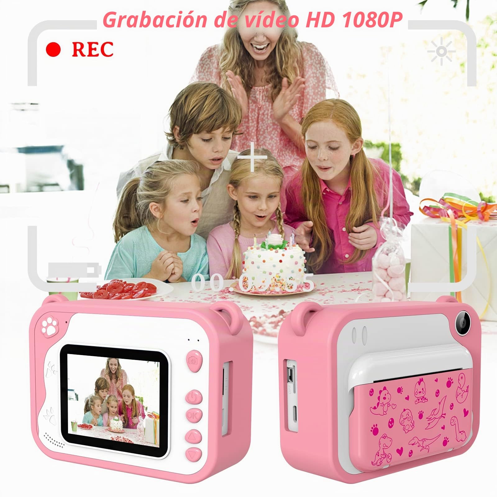 Ushining - Cámara de fotos de impresión instantánea para niños, cámara digital con pantalla de 2,4 pulgadas, tarjeta TF de 32 GB, 3 rollos de papel de impresión, regalo para niñas niños de 3 a 12 años