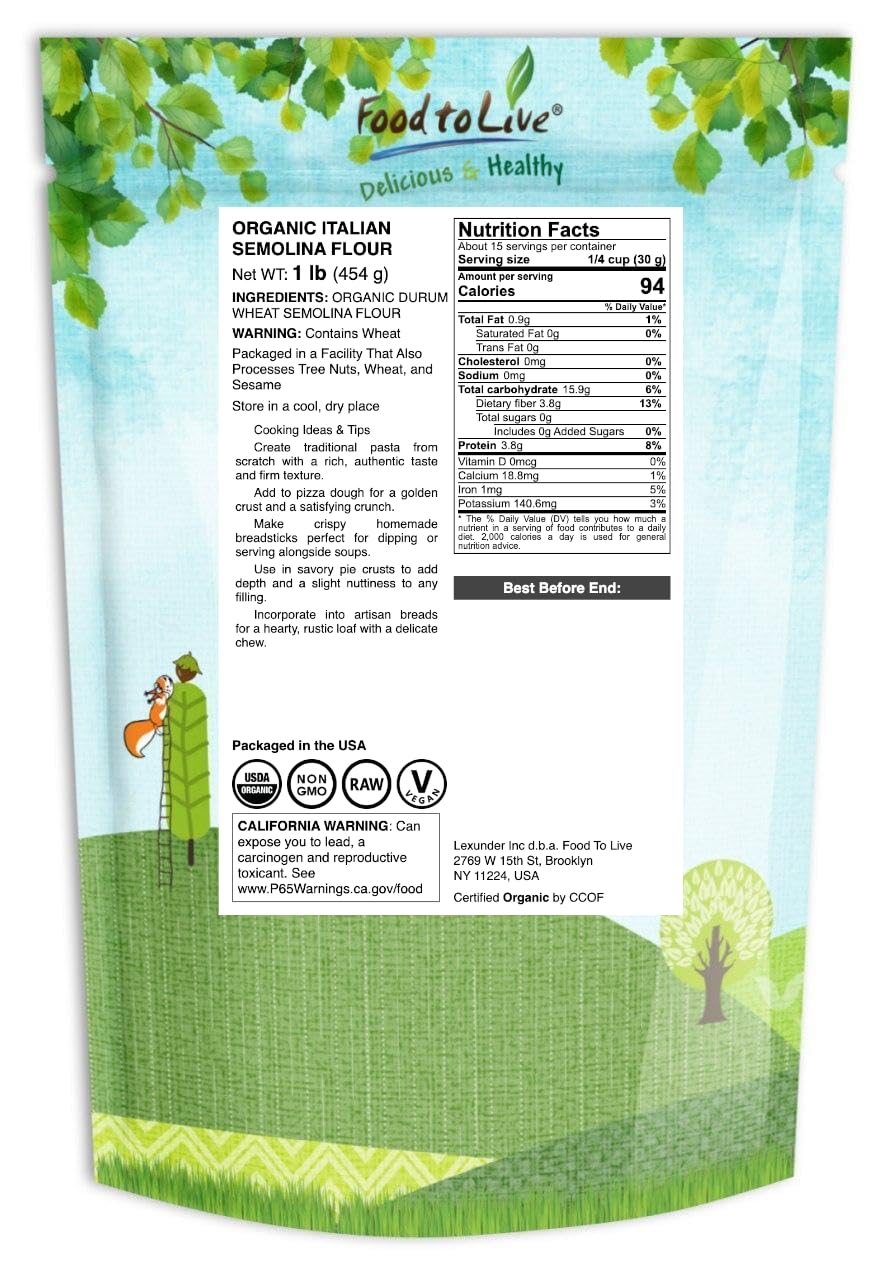 Food to Live Organic Italian Semolina Flour, 2 Pounds - Premium Durum Wheat, Perfect for Pasta and Pizza Dough, Ideal for Authentic Italian Recipes.